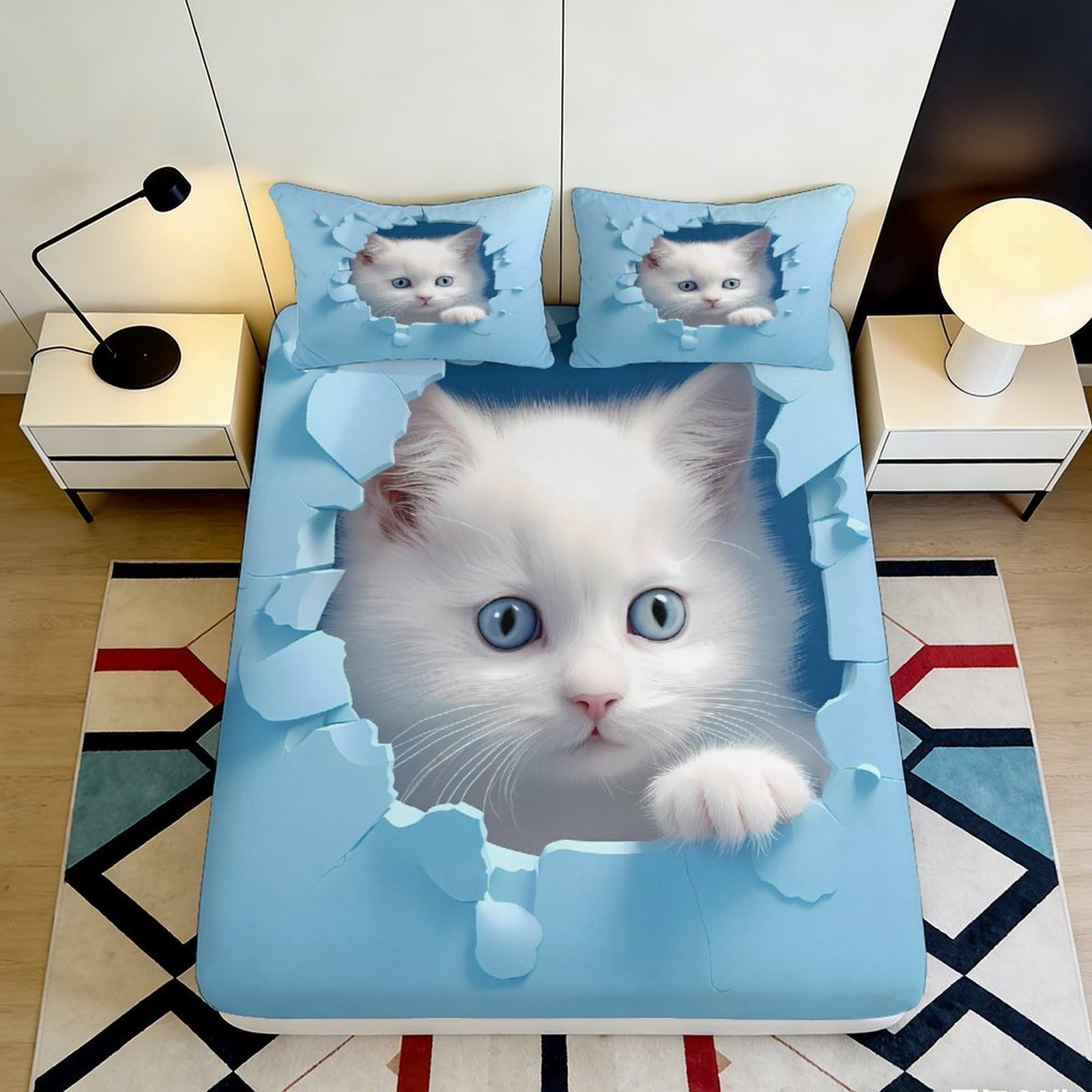 3D Printed Cat Design Fitted Sheet Microfiber Deep Pocket Bedding Set Cat Mattress Fitted Cover Elastic Hem for Adults Teens Bedroom 160x200x25cm