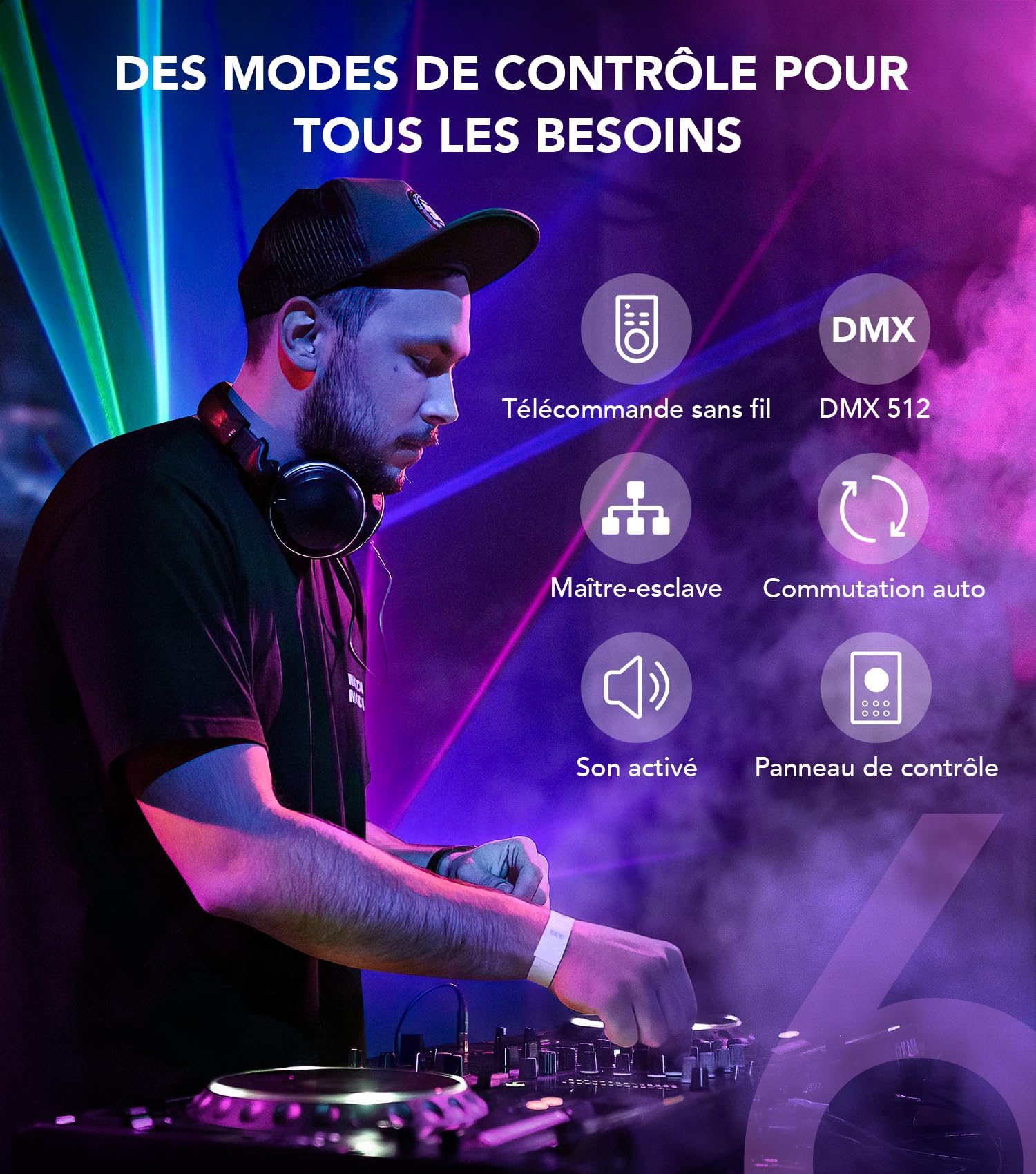 Keobin Jeux de Lumiere DJ, Lumière Disco avec Télécommande et Stroboscope, Kaléidoscope Effet Lampe de Scène RGB & UV, DMX 514 Boule Disco Musique Commande Vocale,Idéal pour Club,Soirée,Fête,Noël