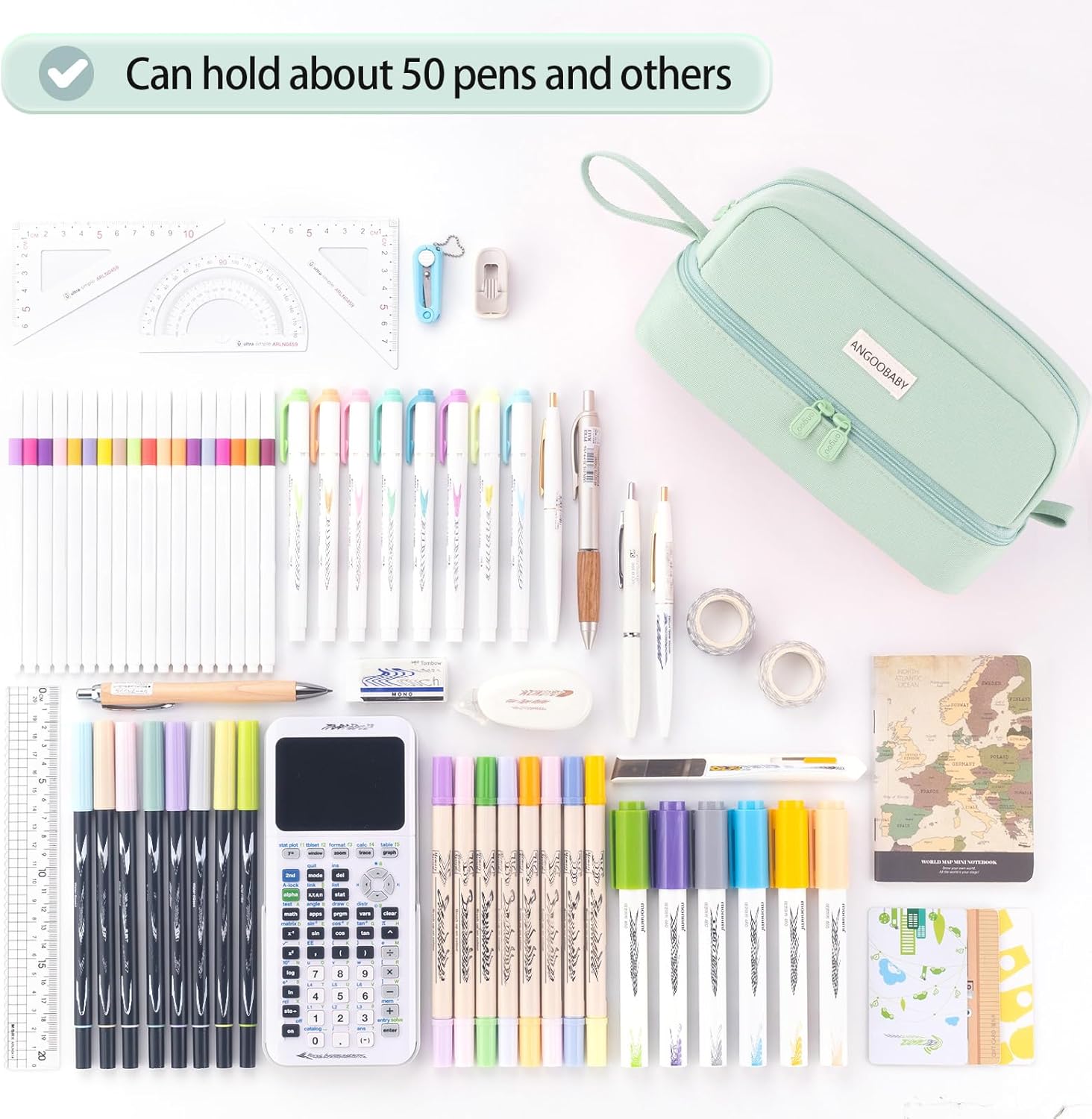 ANGOOBABY Big Capacity Large Pencil Case Canvas Pen Pouch Bag with 2 Compartments for Girls Boys Teen School Students Adults - Green