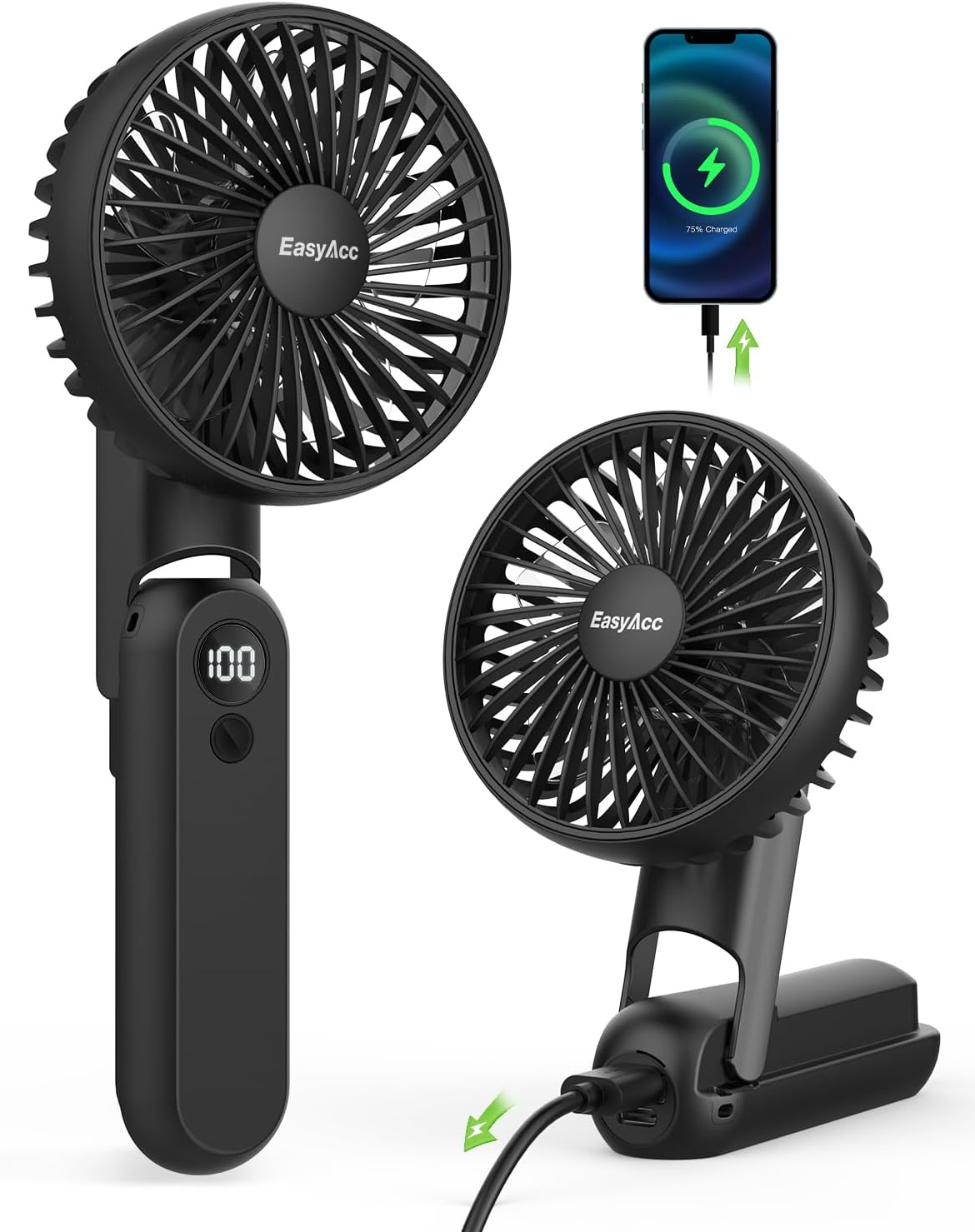 EasyAcc Portable Fan, Handheld Fan, Small Desk Fan Personal Fan [ Digital Display 5 Speed ] USB C Rechargeable Battery Operated Cooling Folding Electric Fan for Travel Outdoor Office Household