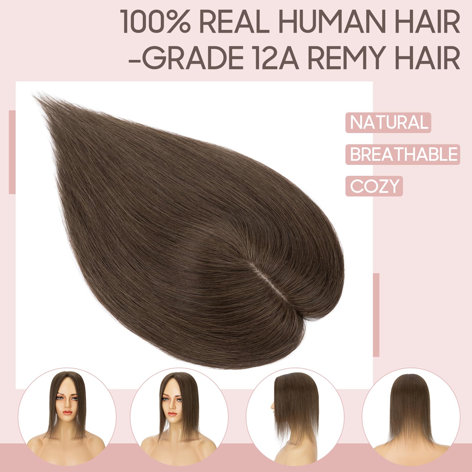 Silk-co 16inch Hair Topper for Thinning Hair Women Clip in Real Remy Human Hair Extensions Top Piece Base Size 10 * 12cm Silk+Lace Base (#02 Dark Brown) - Image 2
