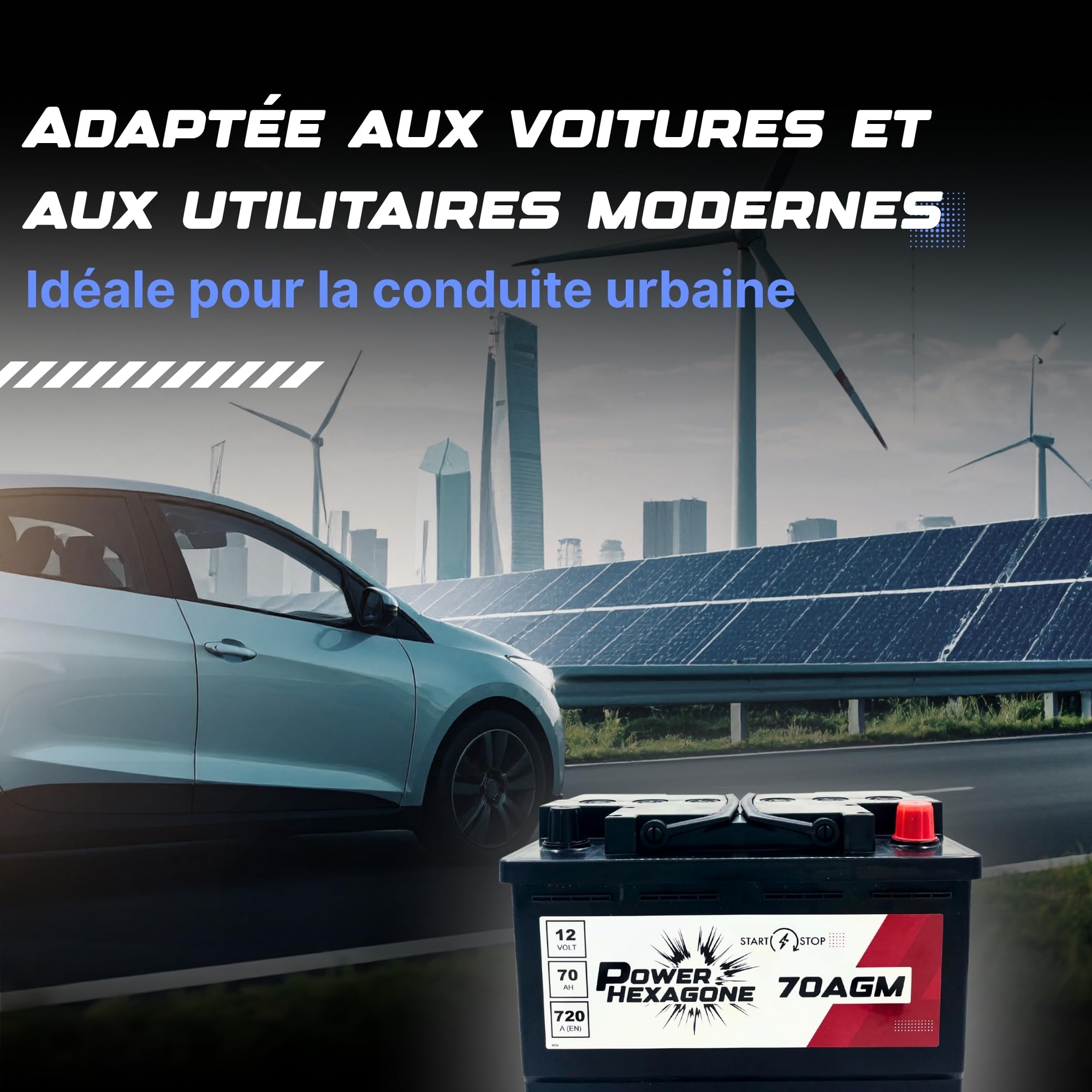 Batterie 12V 70 Ah AGM Start & Stop - Démarrage de 720A - Auto Sans Entretien - Format L3 pour Véhicules Récents Start & Stop - Remplacement batterie Origine - Power Hexagone