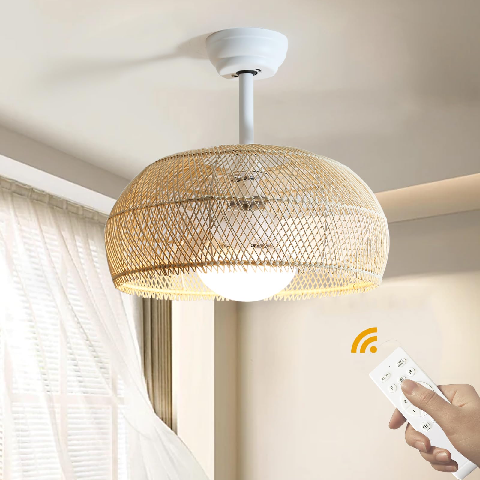 Boho Cage Ceiling Fan, Rattan Ceiling Fan with LED Lights and Remote Control, 3 Color Chandelier Ceiling Fan, 6-Speed Reversible Silent Ceiling Fan for Bedroom, Kitchen and Living Room