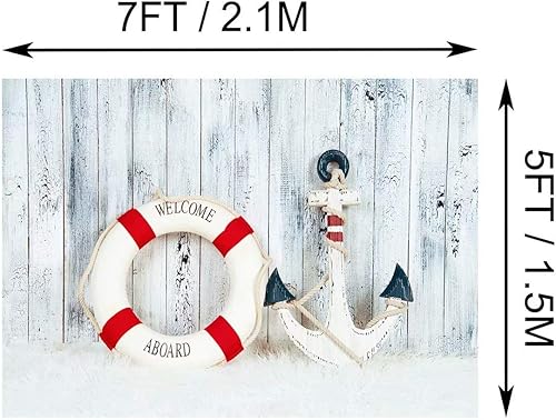 Miniatura 4 de BELECO Telón de fondo náutico decorativo de tela de 7 x 5 pies, ancla de madera blanca, fondo de madera para marinero, cumpleaños, fotografía, telón