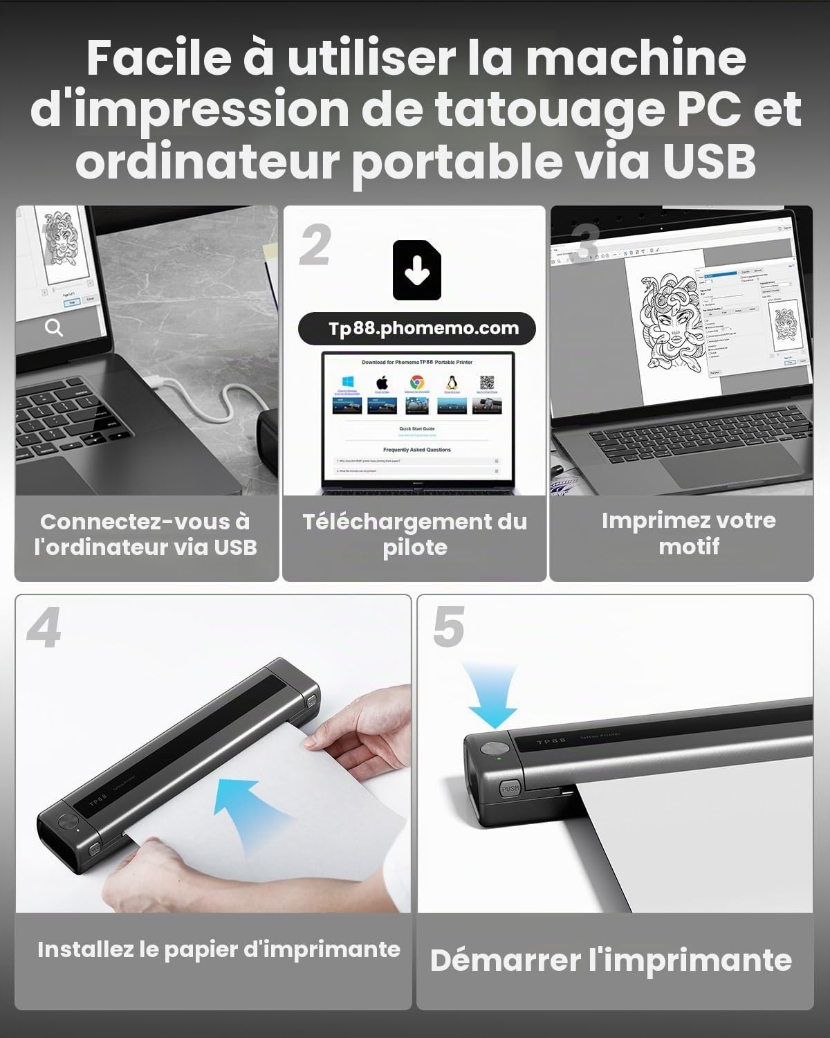 Phomemo TP88 Thermocopieur Tatouage Bluetooth,Imprimante Thermique Tatouage,Machine de Transfert Tatouage,Tattoo Stencil Printer avec 10 Feuilles Papier Transfert Tattoo pour Smartphone & PC