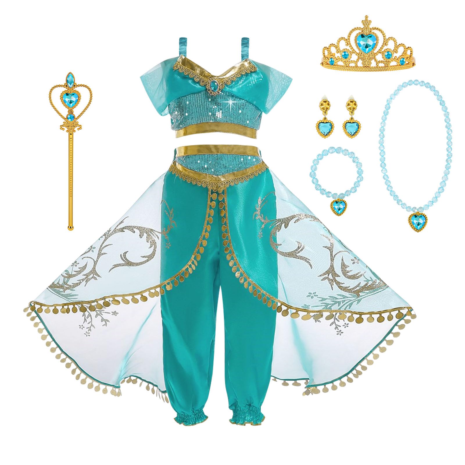 ACWOO Jasmine Princess Costume for Girls, Aladdin Princess Costume with Wig, Jasmine Fancy Dress Up Outfit Set, Arabian Princess Sequined Cosplay Outfit for Cosplay Birthday Halloween Party Carnival
