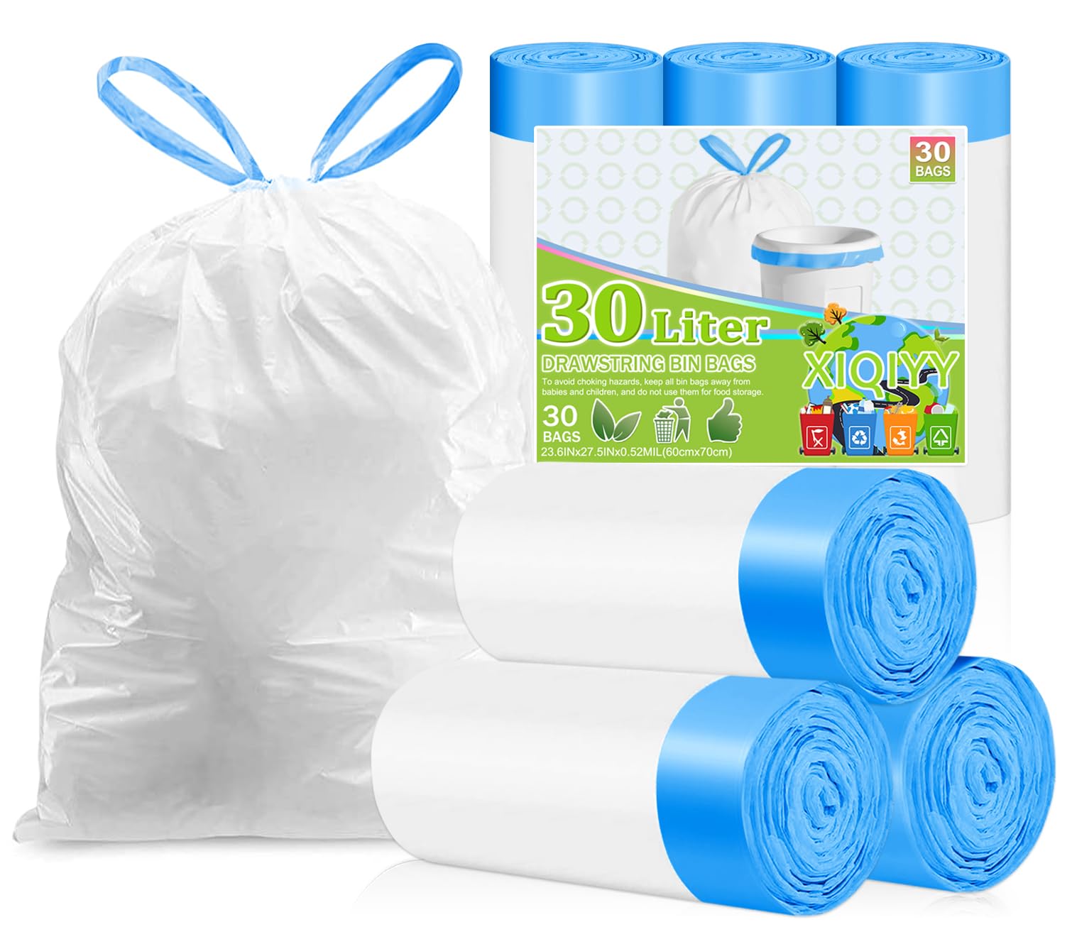 XIQIYY 30L Müllbeutel mit Zugband,Müllsäcke mit Tragegriff 30 Stück Groß Mülltüten mit Kordelzug,für 25–35Liter Küchen Lebensmittel,Büro,Wohnzimmer Mülleimer(60x70cm,Weiß Abfallsack)