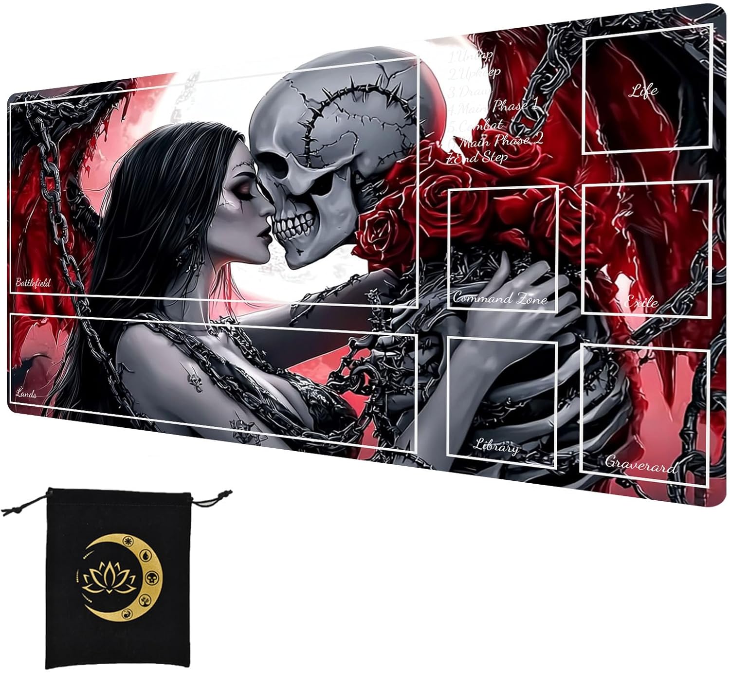 Patterned Gaming Playmat with Play Zones for MTG, Compact Card Game Mat with Storage Bag for Cards, Natural Rubber Desk Pad, 23.6 x 13.7 inch, Red Rose Skull Love
