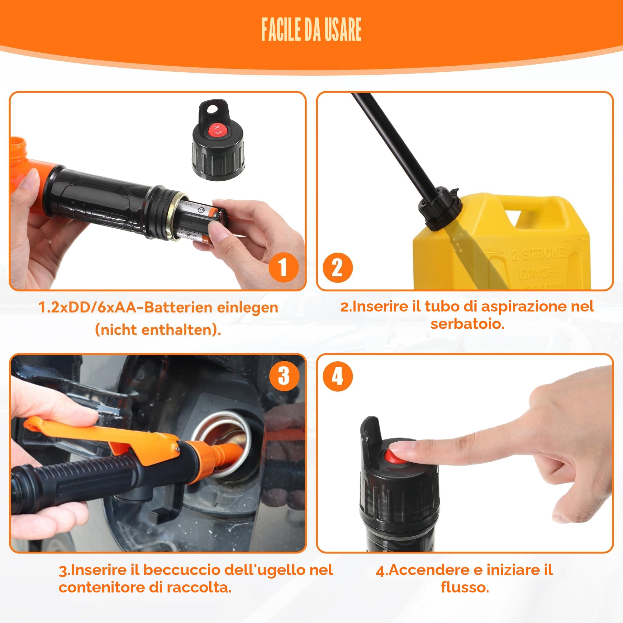 Pompa a Batteria Elettrica per Trasferimento Liquidi - Sifone Automatico per Benzina e Tanica - Aspirazione per Carburante