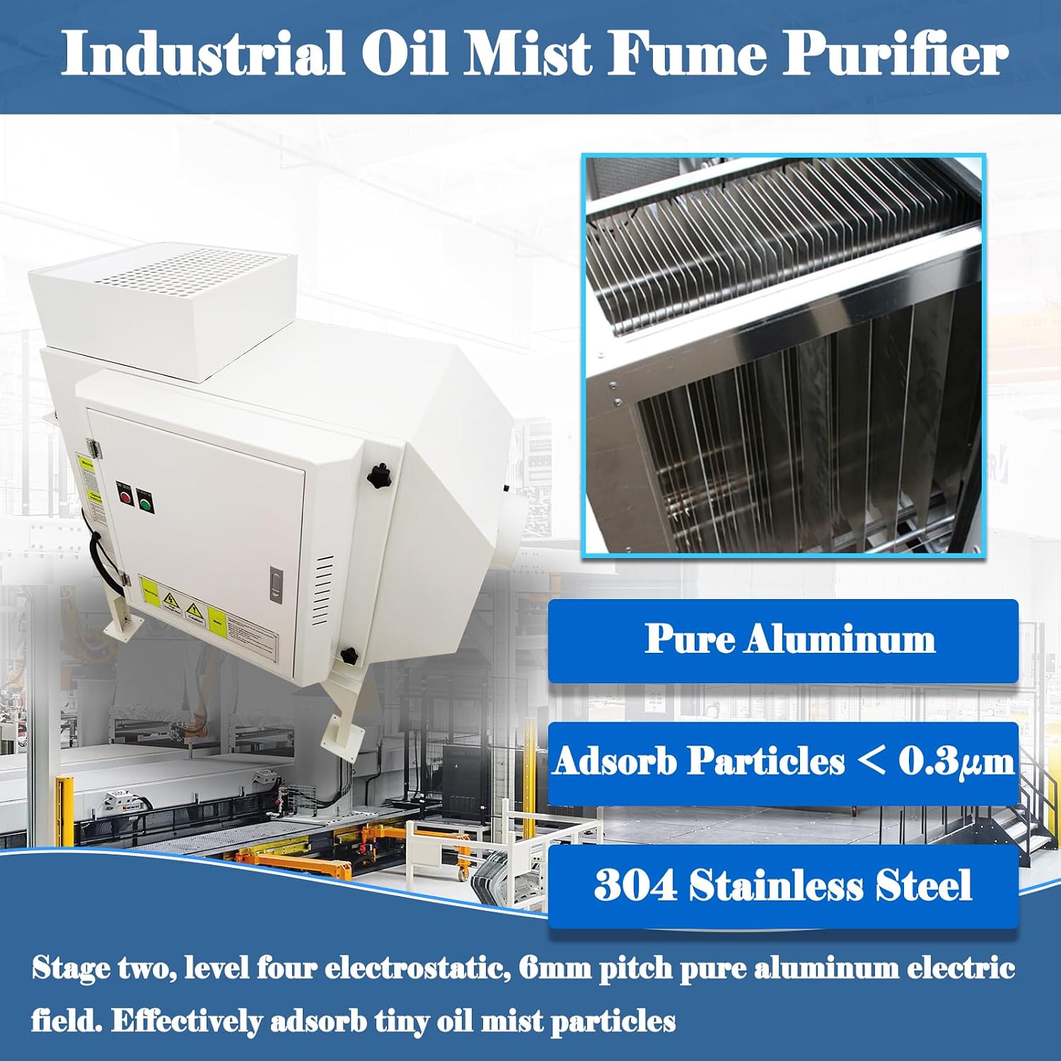 Industrial Oil Mist Collector 1HP Electrostatic CNC Machine Tool Smoke Purifier 1500m³/h Air Flow for Lathe Grinder, 99% Filtration, 65dB Low Noise 220V 3 Phase