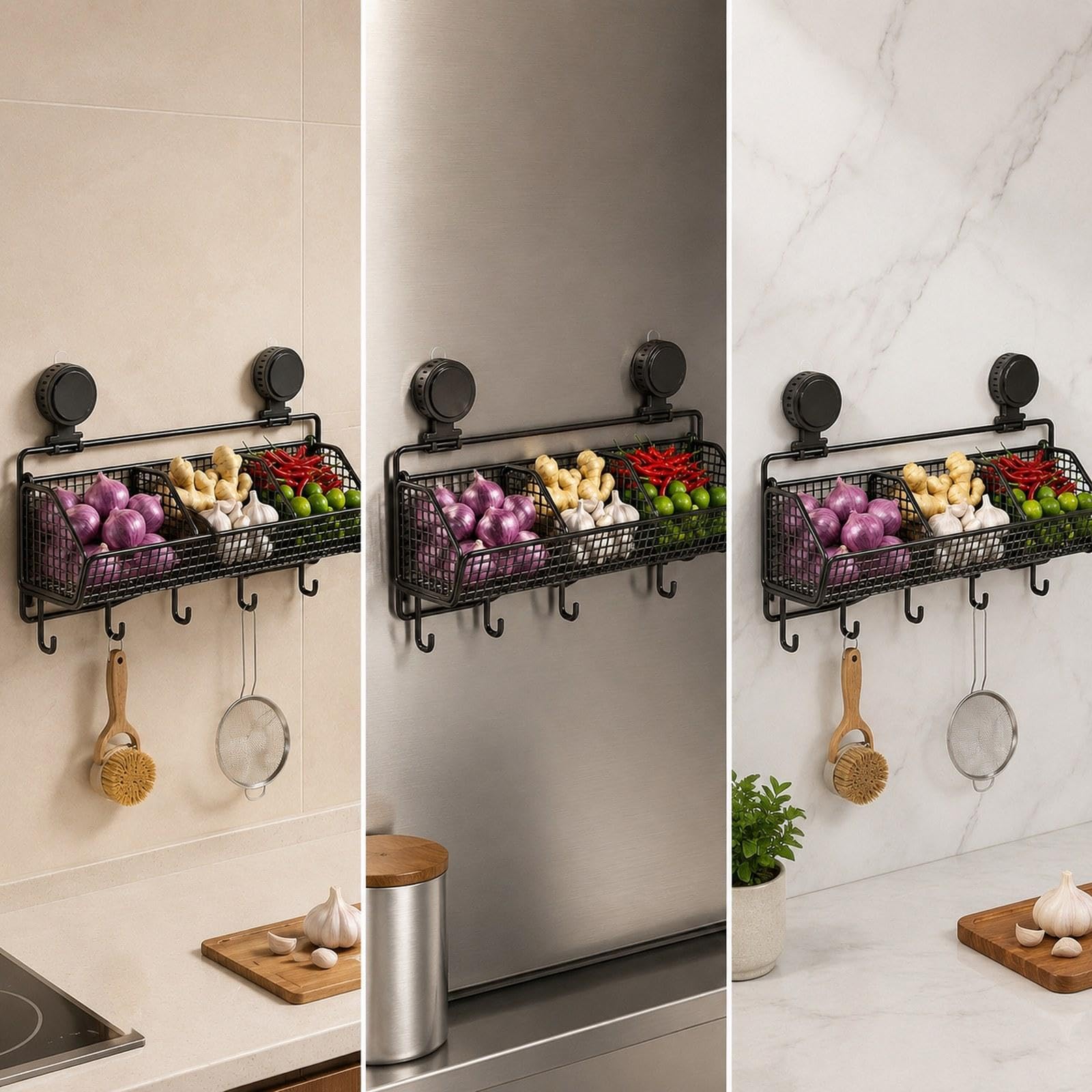 Qianly Cestino Portaoggetti Sospeso in Filo Metallico, Mensola per Doccia con Ventosa, Organizer da Bagno per Shampoo, Gancio Nero a 2 Griglie