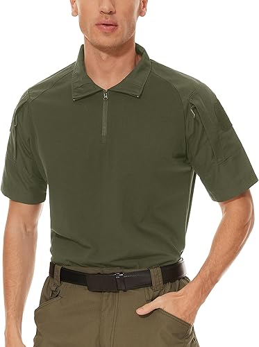 Miniatura 5 de MAGCOMSEN Camisas militares tácticas para hombre con cremallera de 14, manga corta, ajustada, camisa de camuflaje