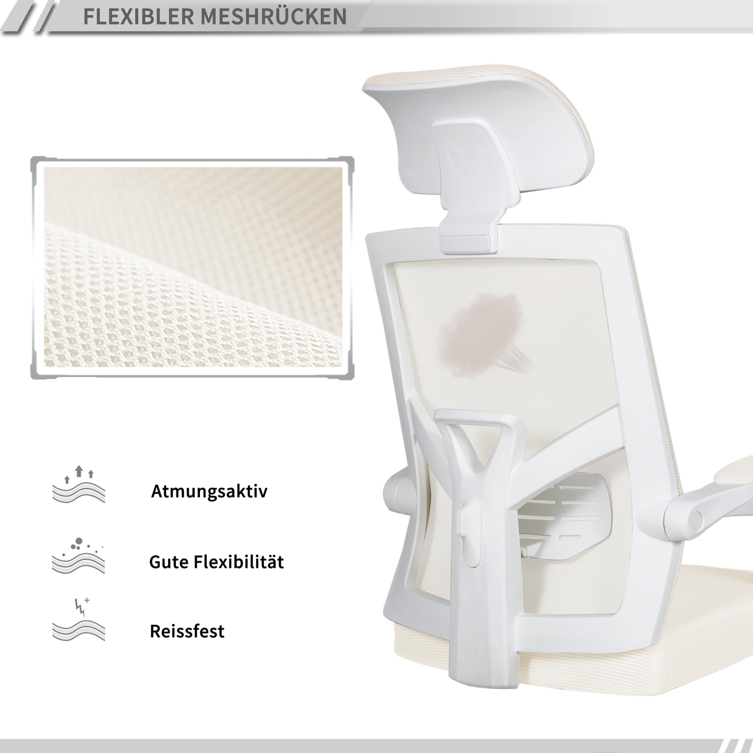 UEV Ergonomisch Bürostuhl aus Mesh, Schreibtischstuhl mit Fußstütze, Drehstuhl mit Verstellbarer Kopfstütze Lendenwirbelstütze, höhenverstellbar neigbar bis 135°, atmungsaktiver Stoff, Beige