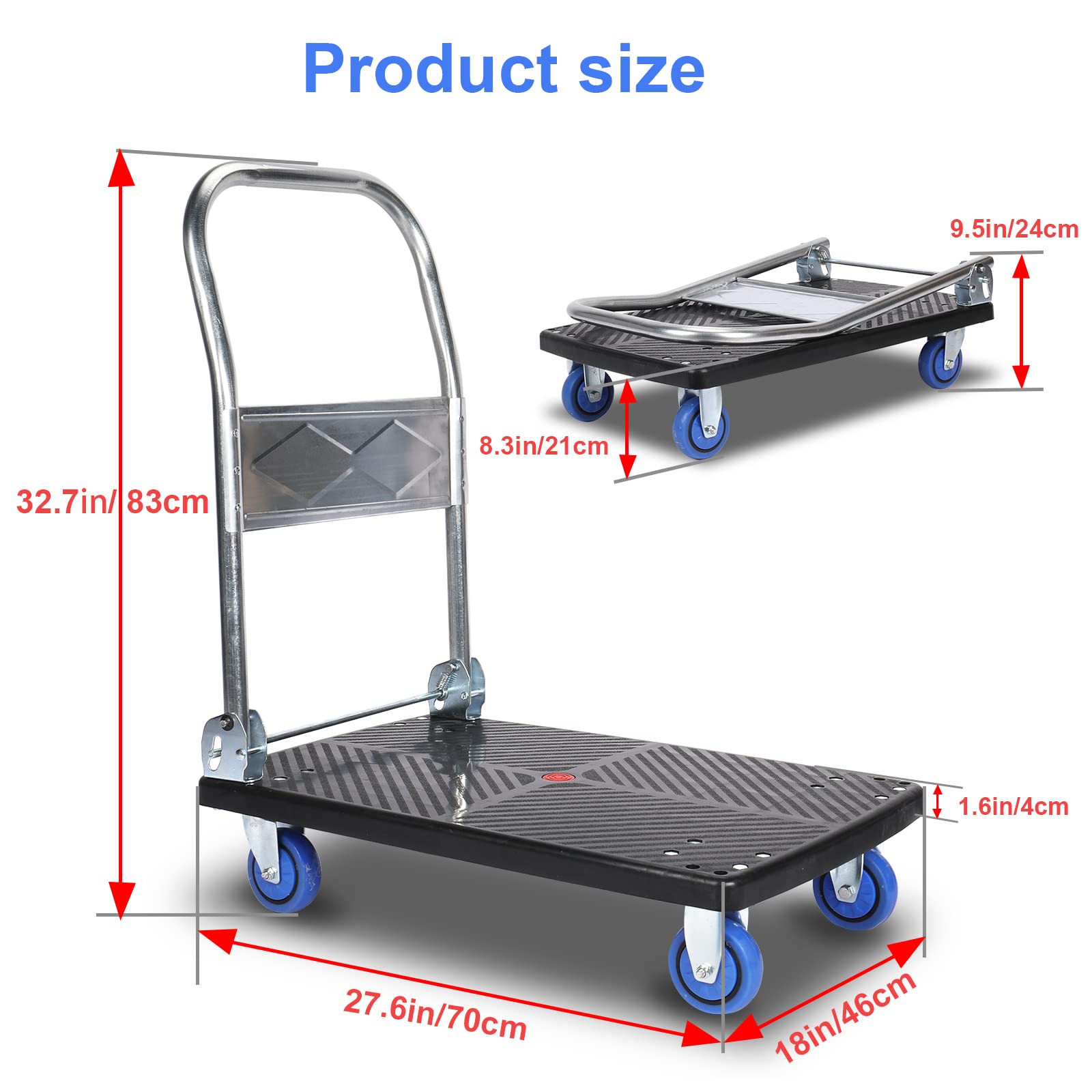Plattformwagen Transportwagen klappbar Schwerlast 200KG Einhändig Falten Transporthilfe mit Rollen mit Mute Wheels Plattform (Black)