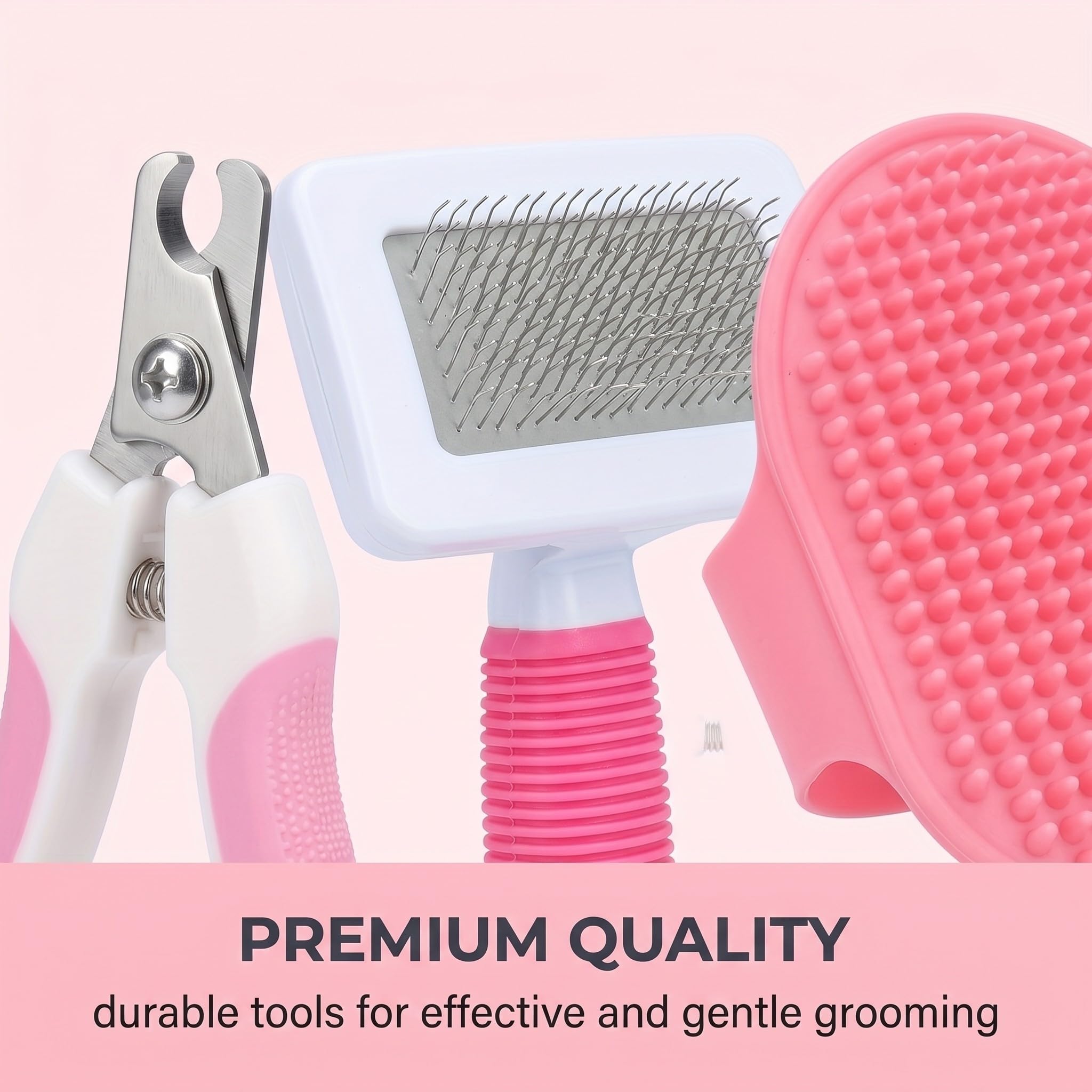 Ensemble de soins pour lapins 8 pièces rose – Accessoires pour lapins avec coupe ongle, lime, peigne anti-puces, brosse lapin, brosse de bain et gant de massage pour lapin, cochon d'inde