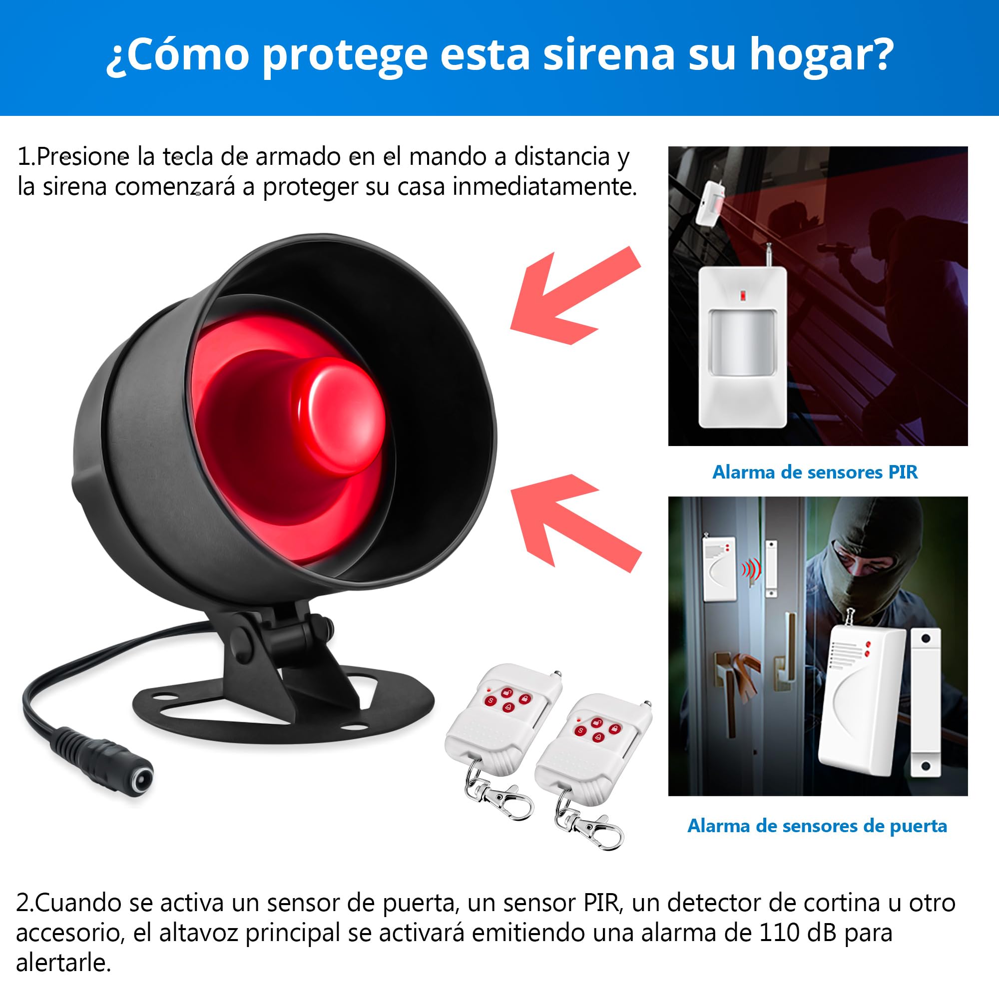 Alarmas Casa de 115dB, Sensor de Movimiento, Sensor de Puerta y Ventana y Sistema de Alarma de Seguridad con Control Remoto
