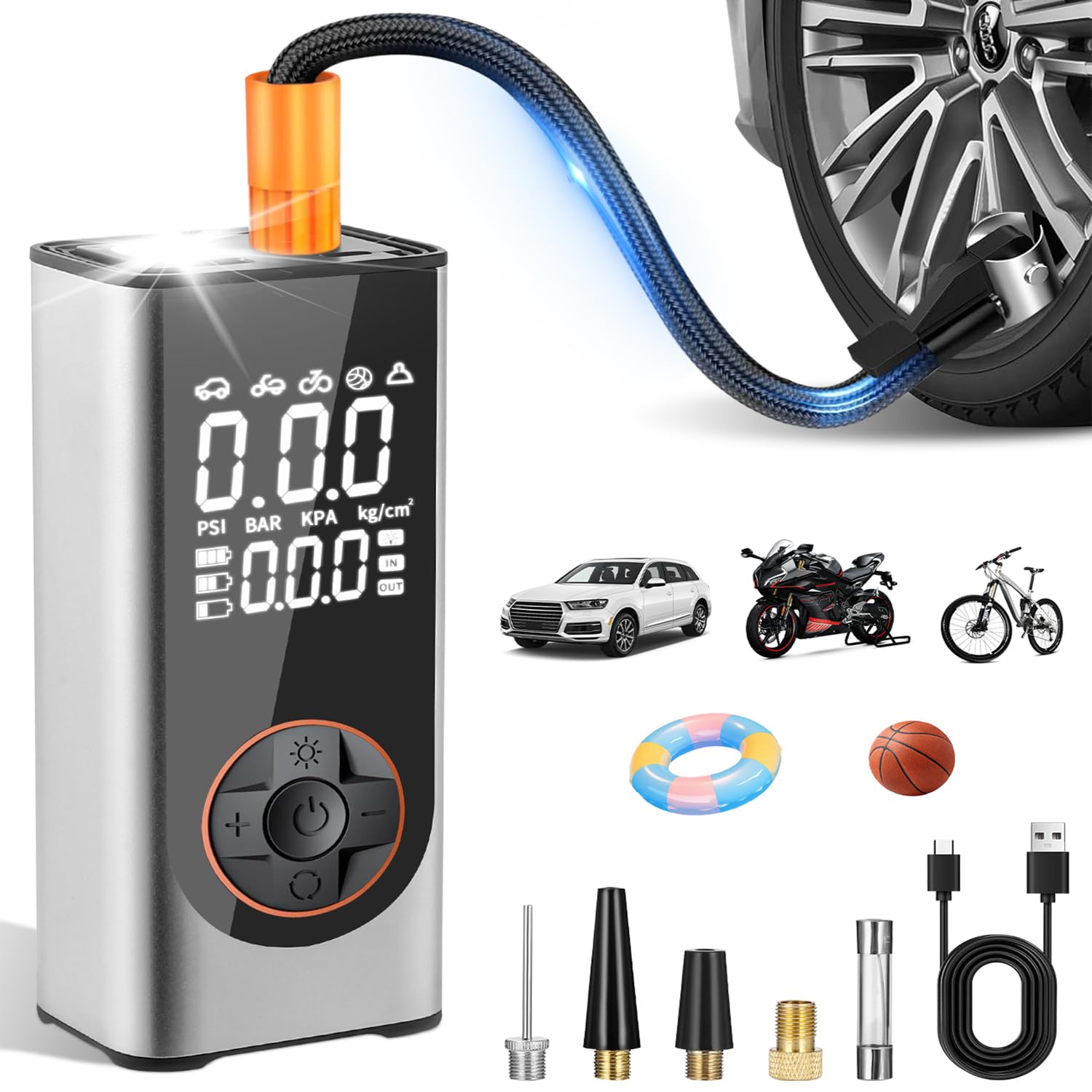 Compresor De Aire Portátil Inalámbrico - 150 PSI, Pantalla Digital, Luz LED, 5 Modos Automáticos, Para Coche, Moto, Bicicleta (batería Recargable)