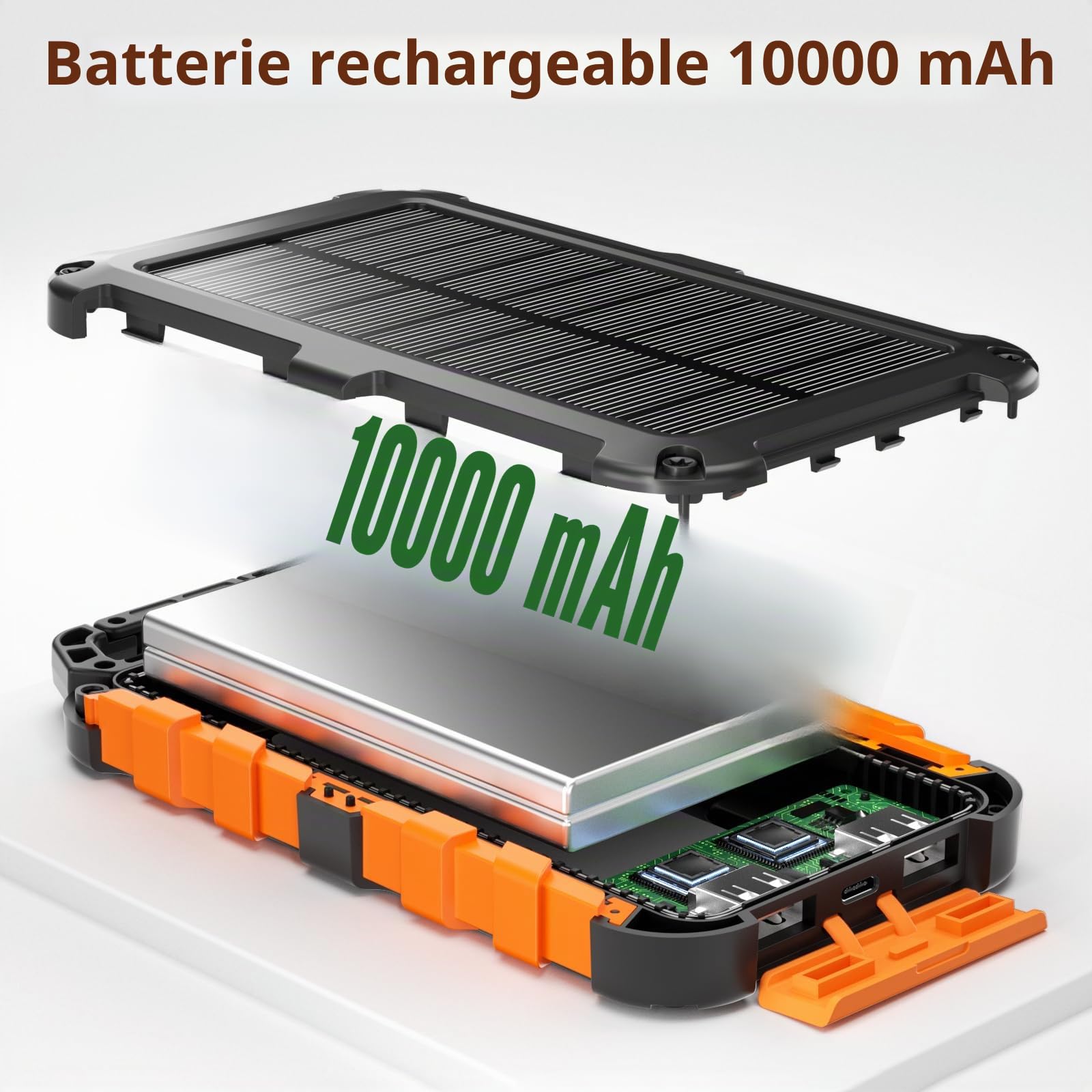 Batterie Externe Solaire 10000mAh, PD22.5W Chargeur Solaire Power Bank Portable USB C 3A Charge Rapide avec 3 Ports, Câbles et Lampe pour Smartphone, Tablette, Camping et Plus