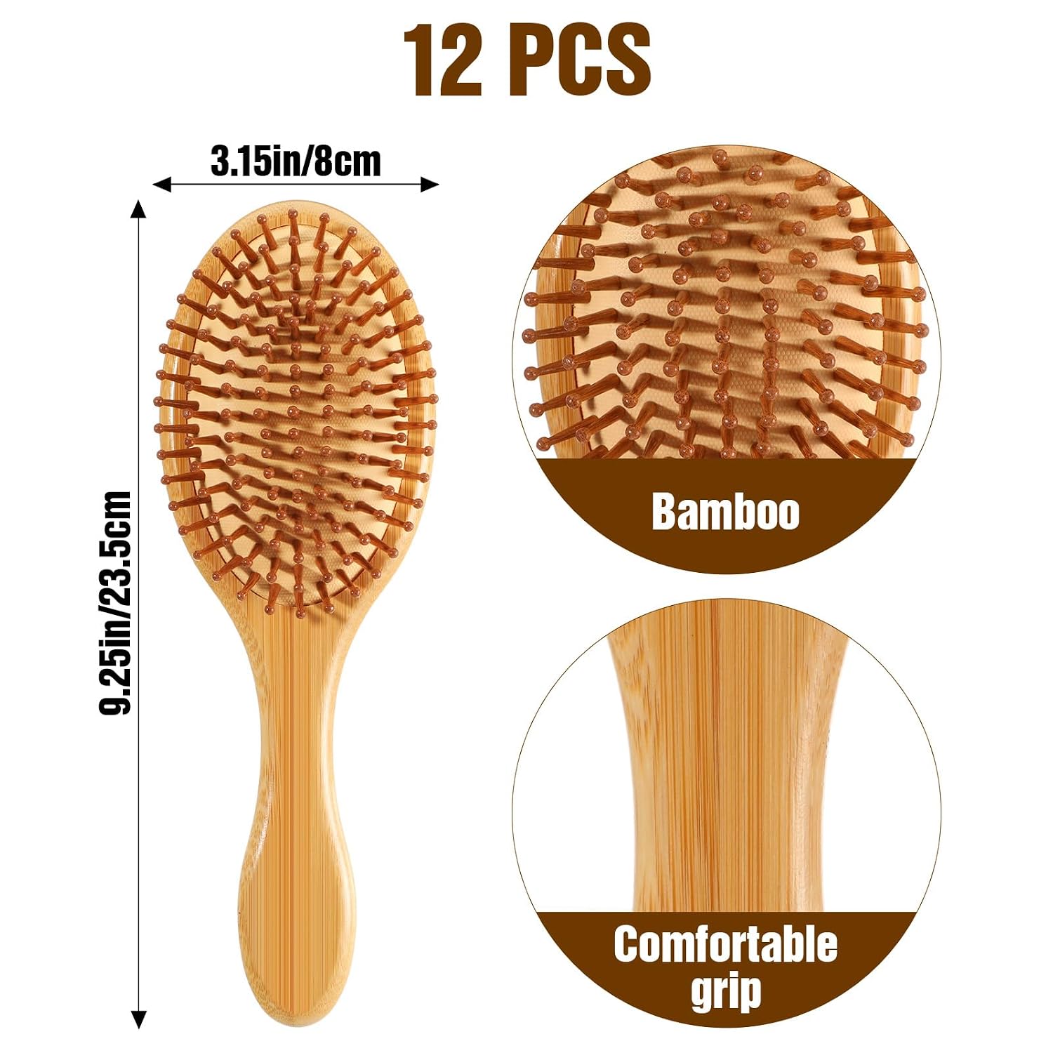12 Pcs Bamboo Hair Brush, Bulk Natural Wooden Paddle Brush, Round-Tipped Bamboo Bristles, Lightweight Massage Scalp Combs, Detangling Hairbrush for Women Men, All Hair Types, Anti Static