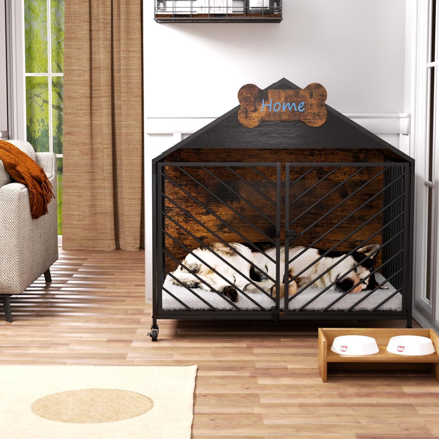 Hundekäfig Möbel, 100 cm Hundebox, Kissen, Rollen, Haustier-id | Hundeschrank für Groß Hunde, Moderne Hundebox für Zuhause, Abschließbar Tür hundekiste, 100×63×94 cm