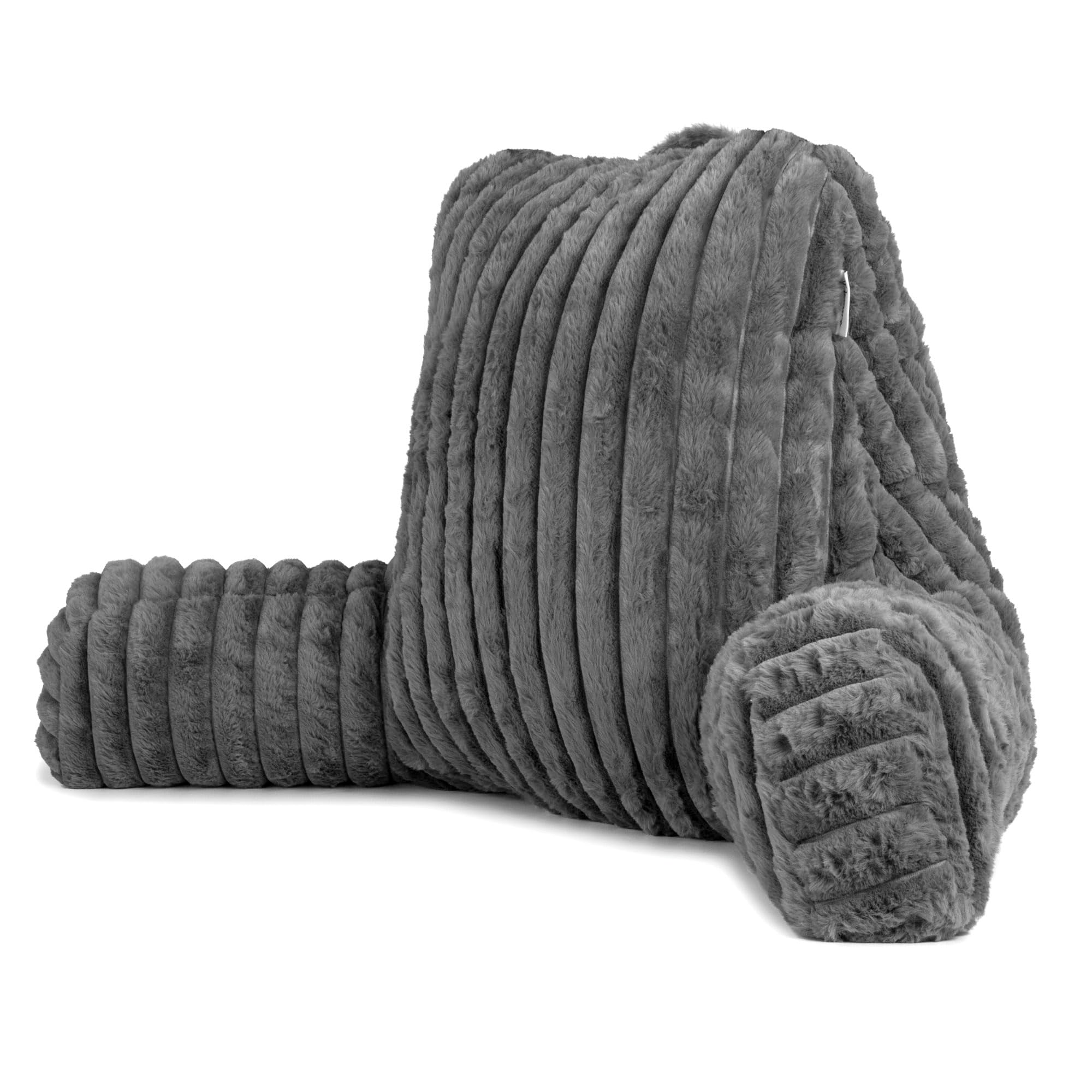 Aamira Grey Faux Fur Ribbed Reading Pillow, Large Shredded Memory Foam Backrest Cuddle Cushion With Arms & Back Pocket, Ideal For Back Support, Bed, Reading Or Gaming Cushion