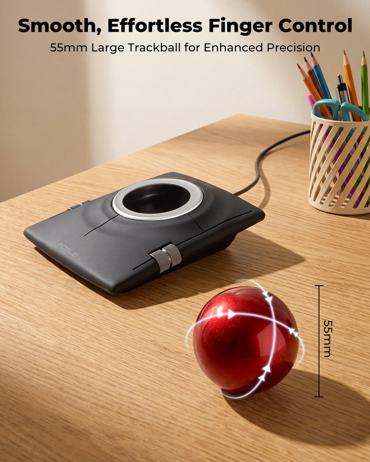 Souris filaire Trackball ergonomique, contrôle des doigts avec grande boule de 55 mm, DPI réglable à 4 niveaux, design ambidextre, repose-poignet inclus, compatible avec PC, ordinateur portable