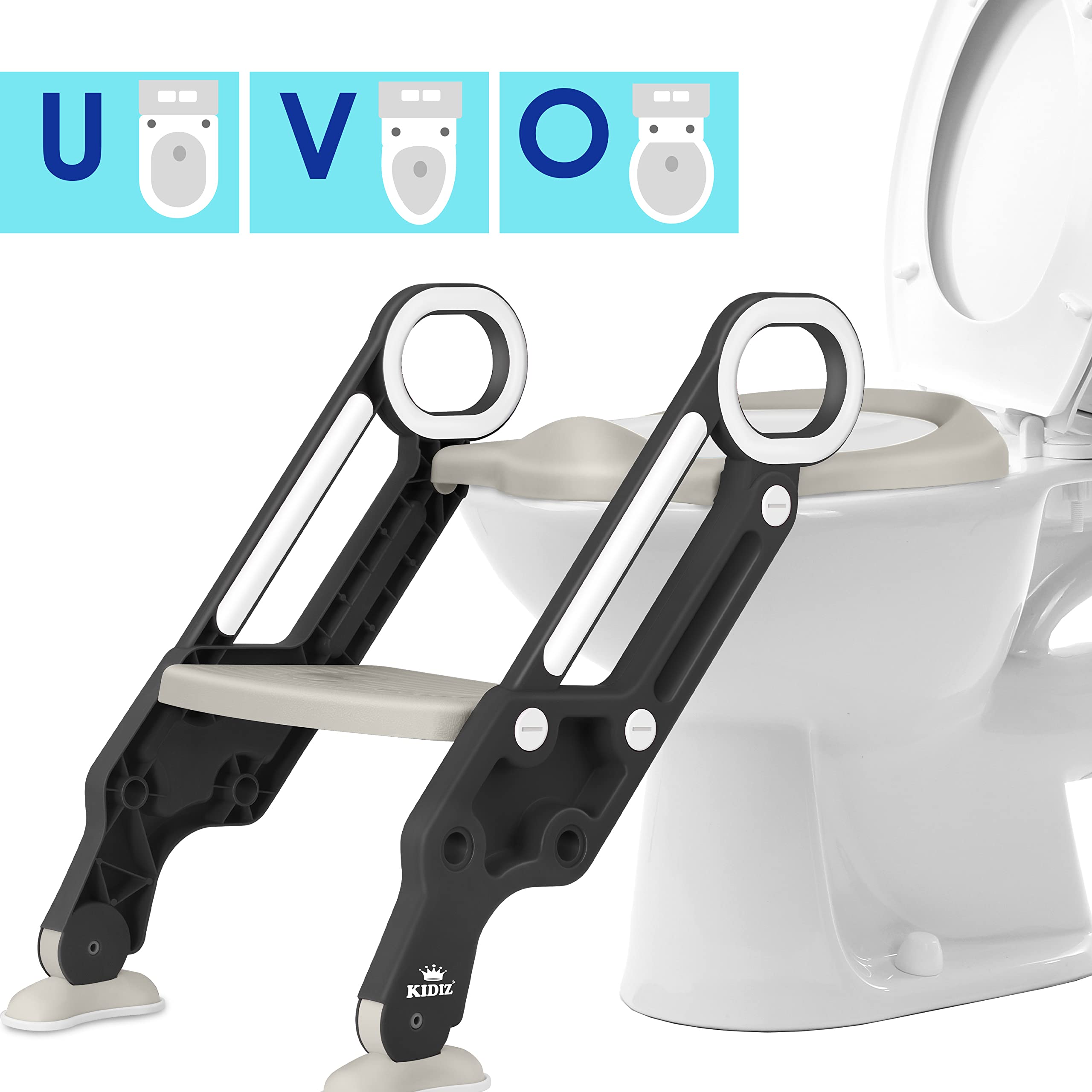KIDIZ® Kinder Toilettensitz Toilettentrainer mit Treppe und Griffe Faltbar Kindertoilette WC Sitz Töpfchentrainer Lerntöpfchen bequemem Kissen und breiten Stufen Toilettentreppe höhenverstellbar Grau