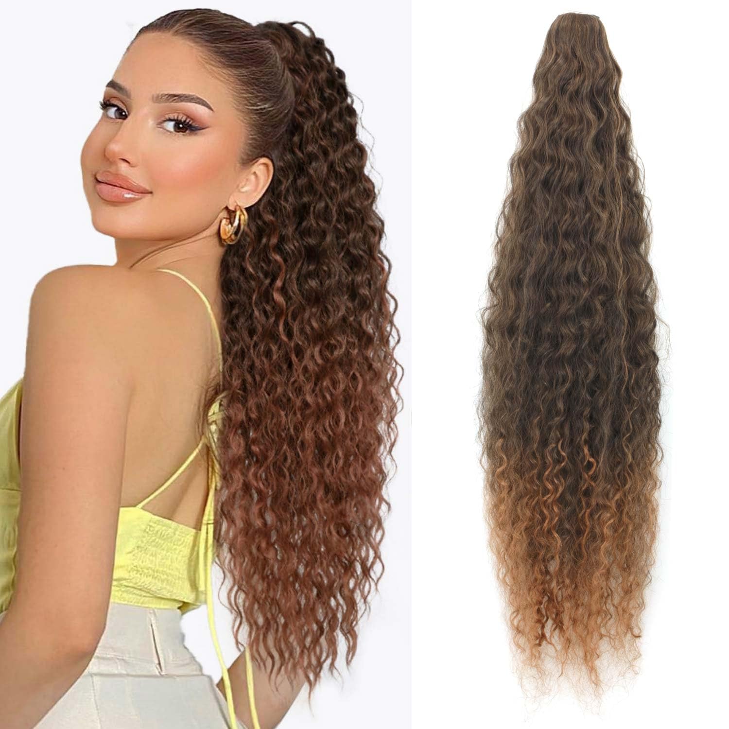 Ponytail Extension High Temperature Fiber 24 Inch Curly Wavy Dark Brown Long FESHFEN 26 Long Curly Wavy Drawstring Ponytail Extension in  main image 4