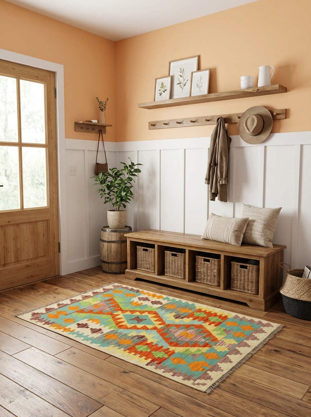 Kilim Tapis 100 % laine 121 x 81 cm, fait à la main, pièce unique de style Herat Boho multicolore, tissage plat, tapis d'entrée et chambre