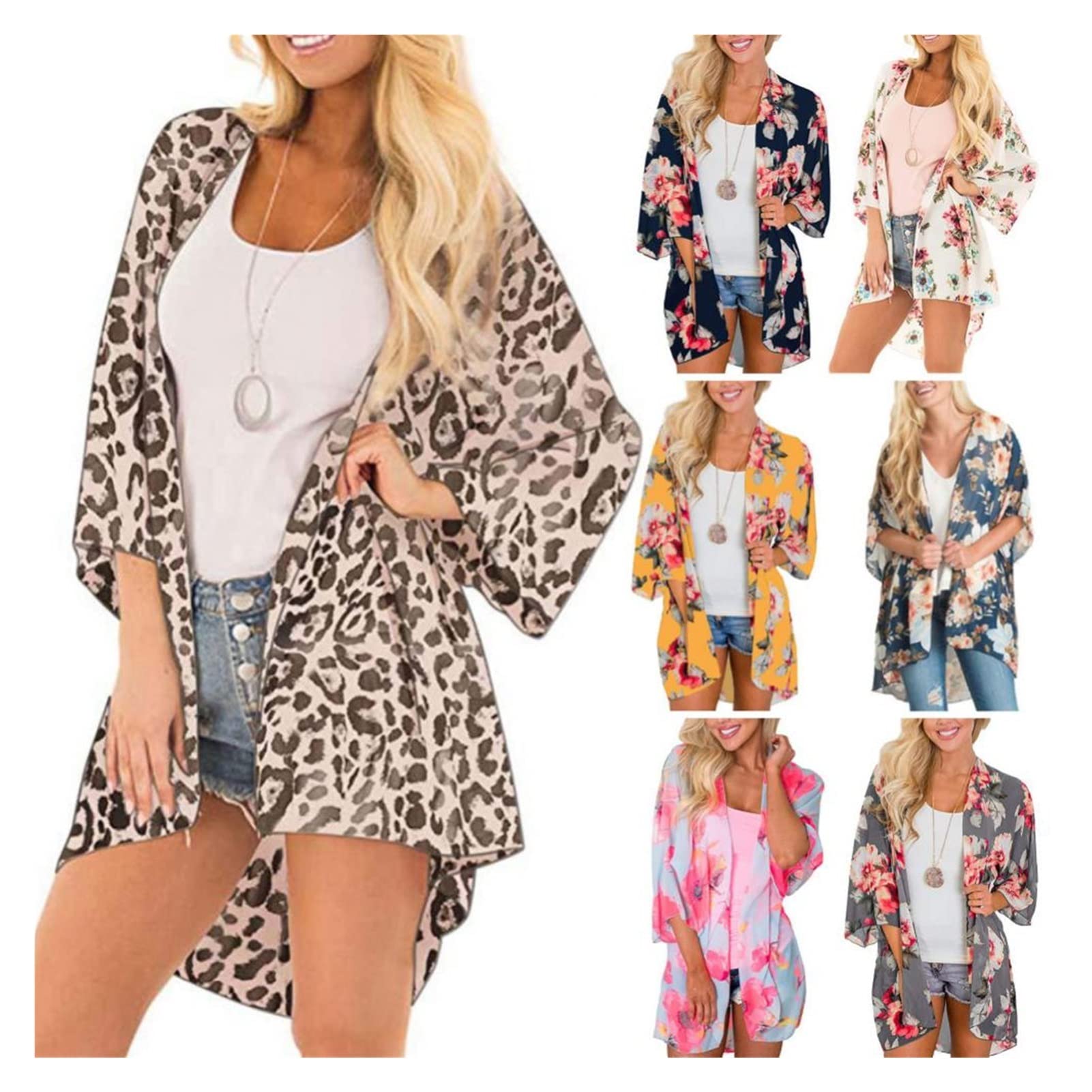 ZZSRJ Mesdames Floral Léopard Imprimer à Demi-Manches châle Kimono Beach Cardigan Blouse Blouse enveloppe de la Plage (Color : Dark Gray, Taille : XL)