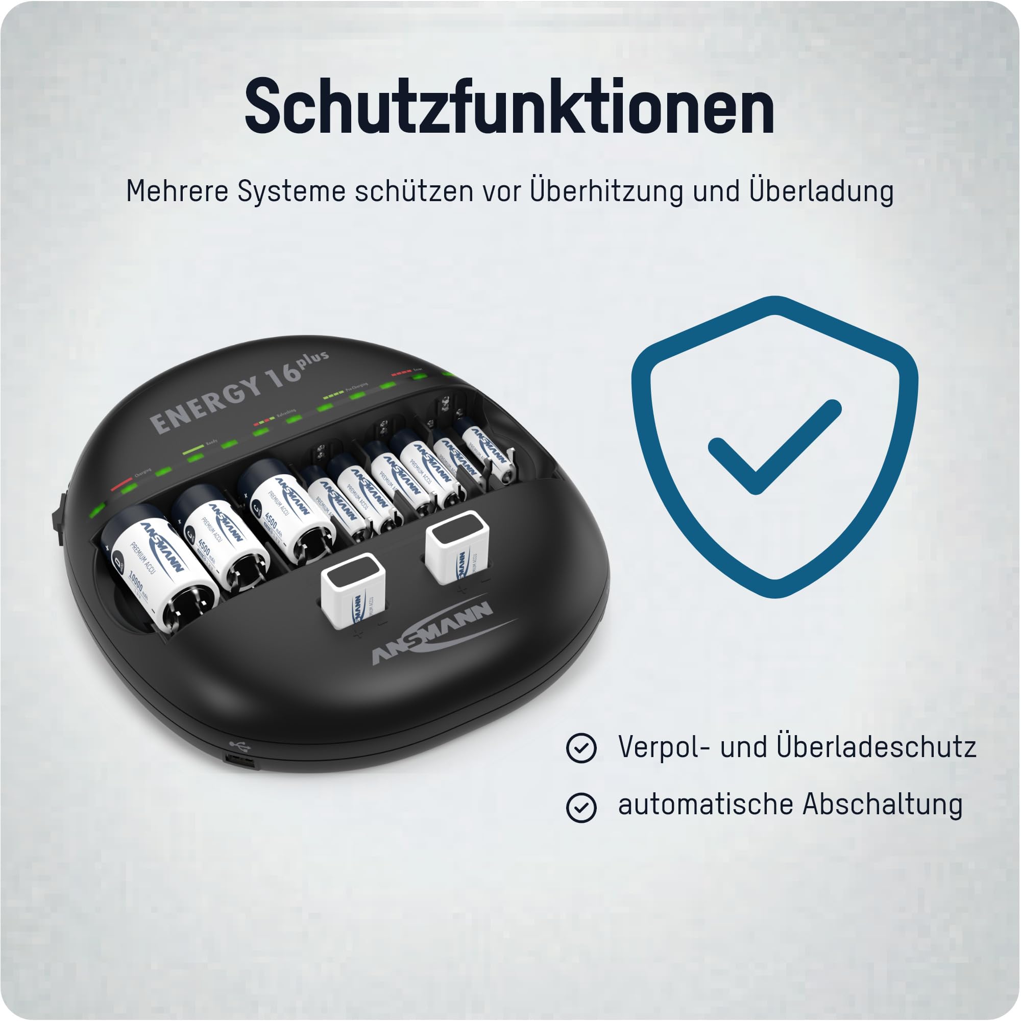 ANSMANN Akku Ladegerät mit LED Anzeige für NI-MH NI-CD AAA AA Baby C Mono D 9V Block Akku, Schnellladung, USB-ladefähige Geräte laden, Akkupflege | Schnellladegerät mit LCD-Display, USB-Ladebuchsen für Mobilgeräte und automatischer Akkupflege zur Kapazitä