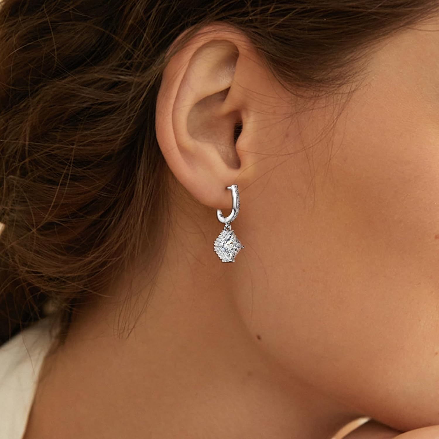 Sterling Silver Dangle Hoop Earrings for Women Square Hoop Earrings with Cubic Zirconia Charm Sparkling Crystal Huggie Jewelry for Women Mother's Day Gifts for Mom Daughter Bridal Wedding - Image 5