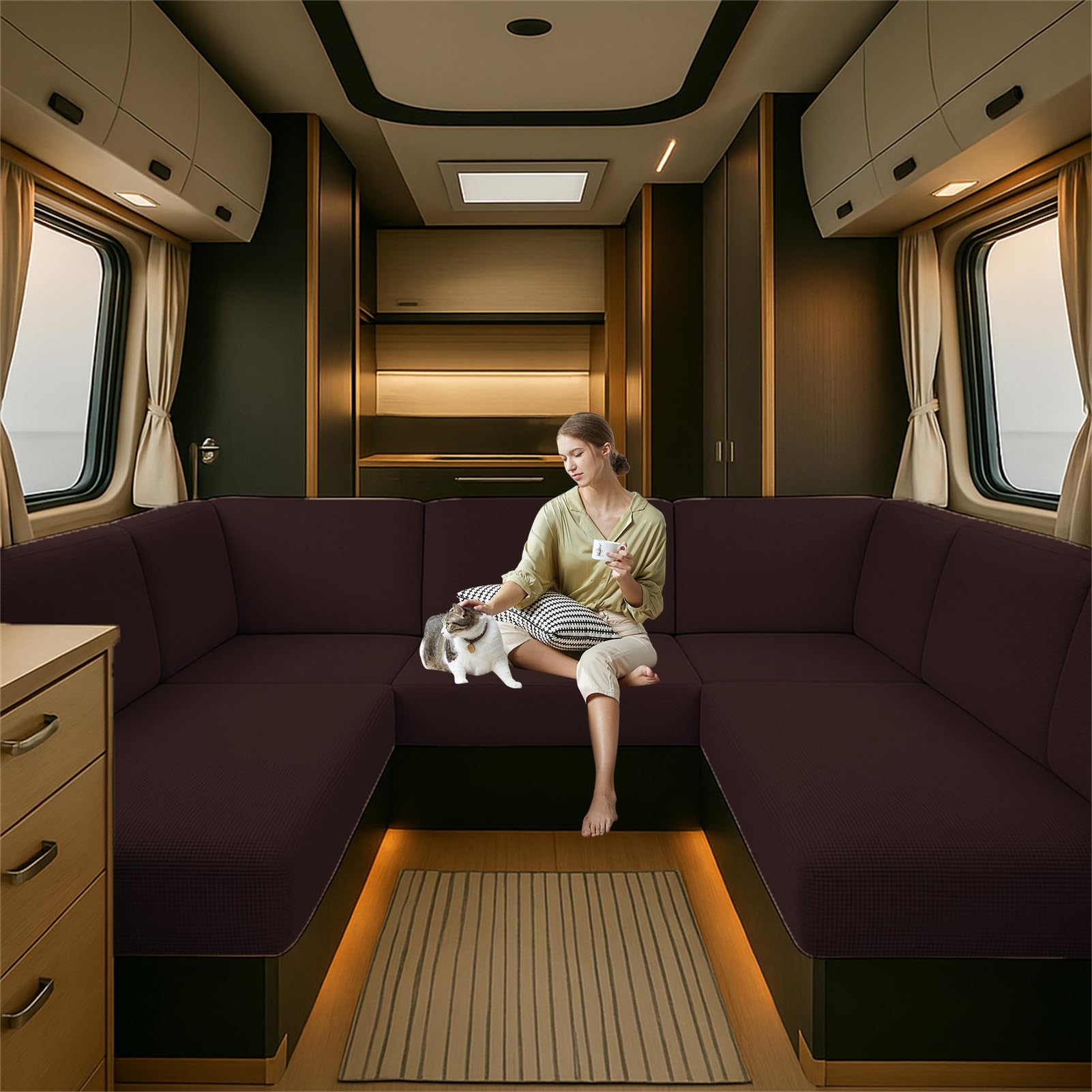 CDPTD Caravan Seat Cover Waterproof Stretch Jacquard, Non-slip RV Dinette Cushion Covers with 2 Straps with Elastic Straps Multi-Size Fit for Camper, Motorhome & Indoor (brown1,W 60-90cm, D 60-90cm)