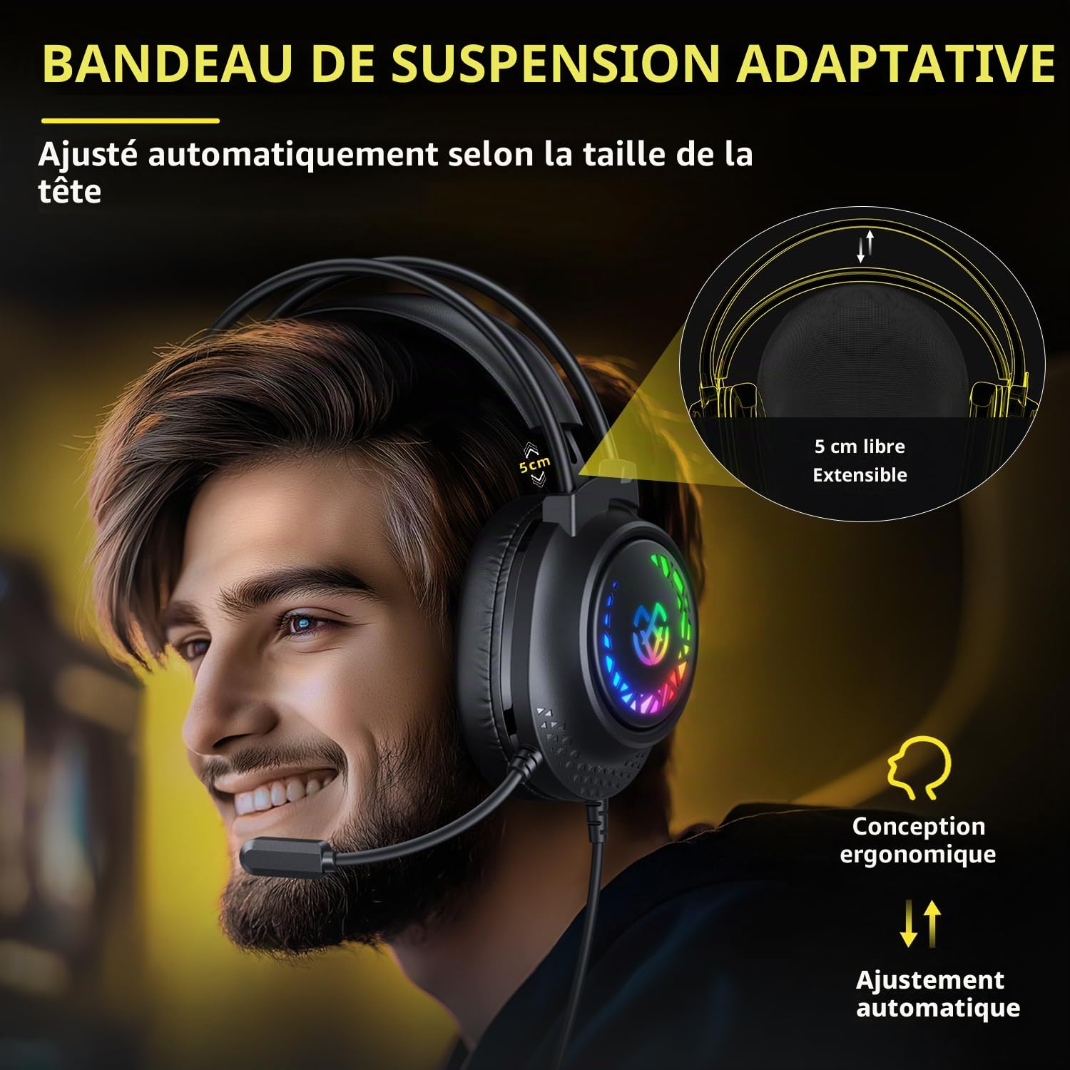 Tatybo Casque de jeu pour PS5 PS4 Xbox Series X/S, casque de jeu filaire pour Switch Xbox One PC stéréo son surround suppression du bruit micro lumières LED