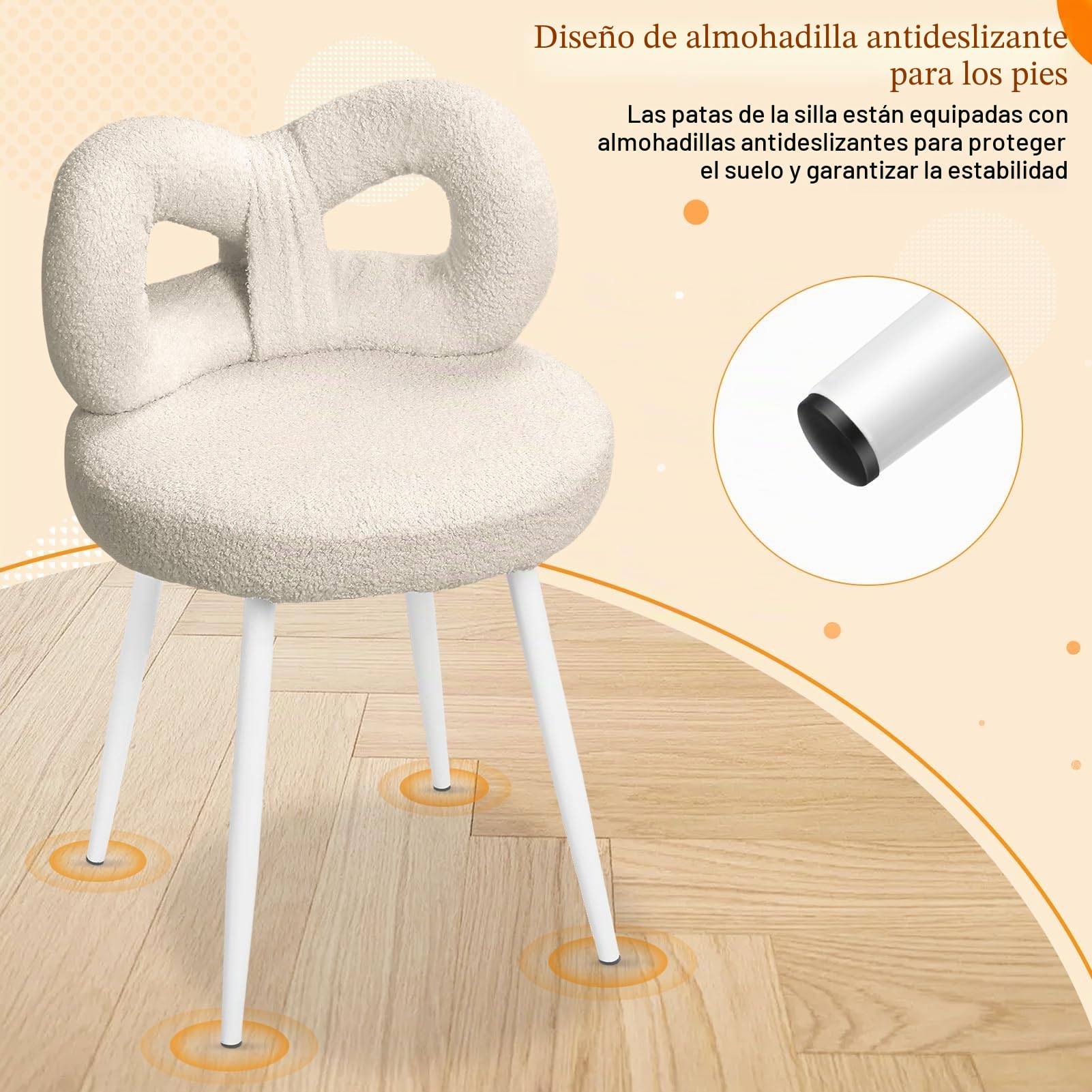 Taburete de tocador con respaldo de lazo, silla de escritorio para sala de estar, silla de maquillaje con almohadillas ajustables, sin brazos