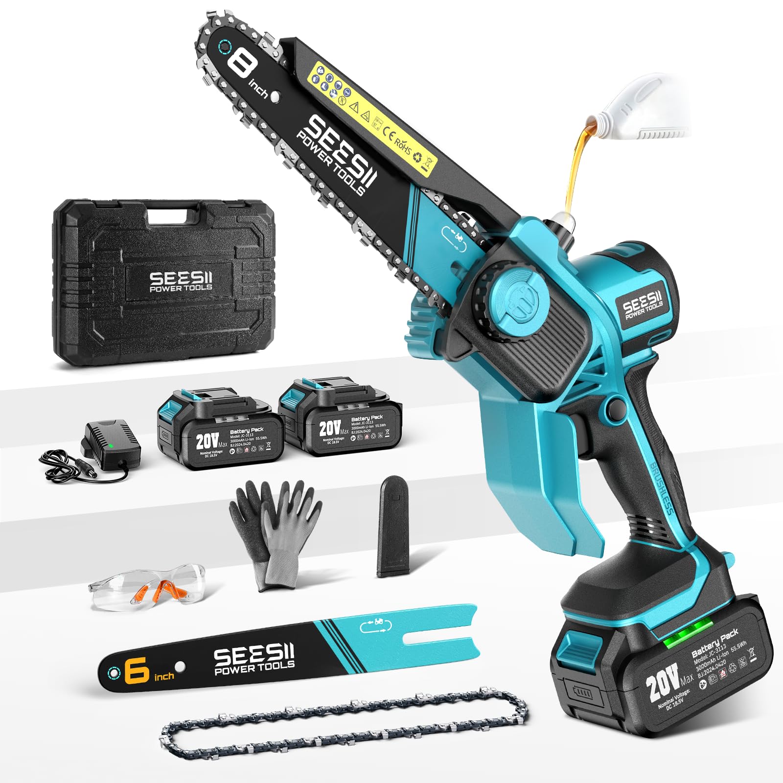 SEESII Mini Chainsaw Cordless 8 Inch & 6 Inch, Brushless Electric Saw