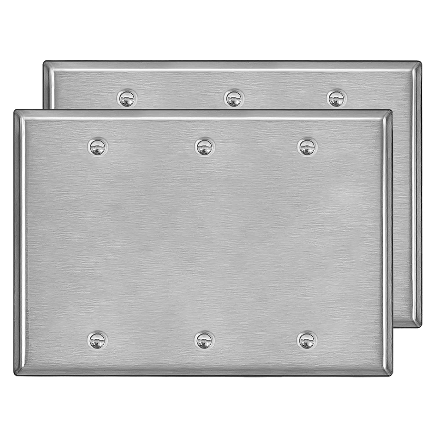 Photo 1 of [2 Pack] BESTTEN 3-Gang Metal Blank Wall Plate with ?hite or Clear Plastic Film, Anti-Corrosion No Device Stainless Steel Outlet Cover, Standard Size, H4.53” x W6.38”, Brushed Finish
