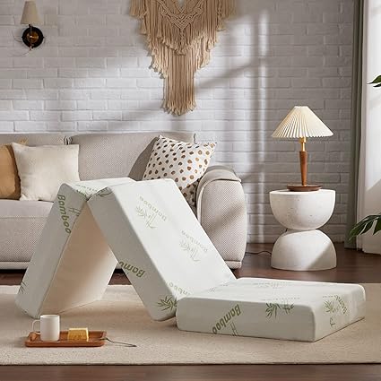 SINWEEK Memory Foam Folding Mattress, 4 Inch Foldable Trifold Mattress Topper, CertiPUR-US Certified Guest Bed with Cooling Cover & Waterproof Lining