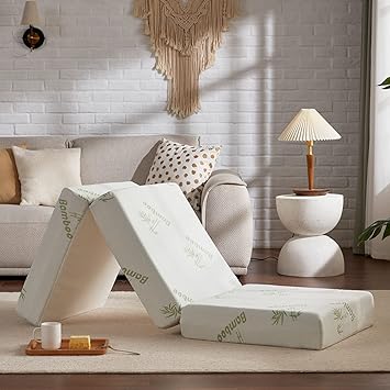 SINWEEK Memory Foam Folding Mattress, 4 Inch Foldable Trifold Mattress Topper, CertiPUR-US Certified Guest Bed with Cooling Cover & Waterproof Lining