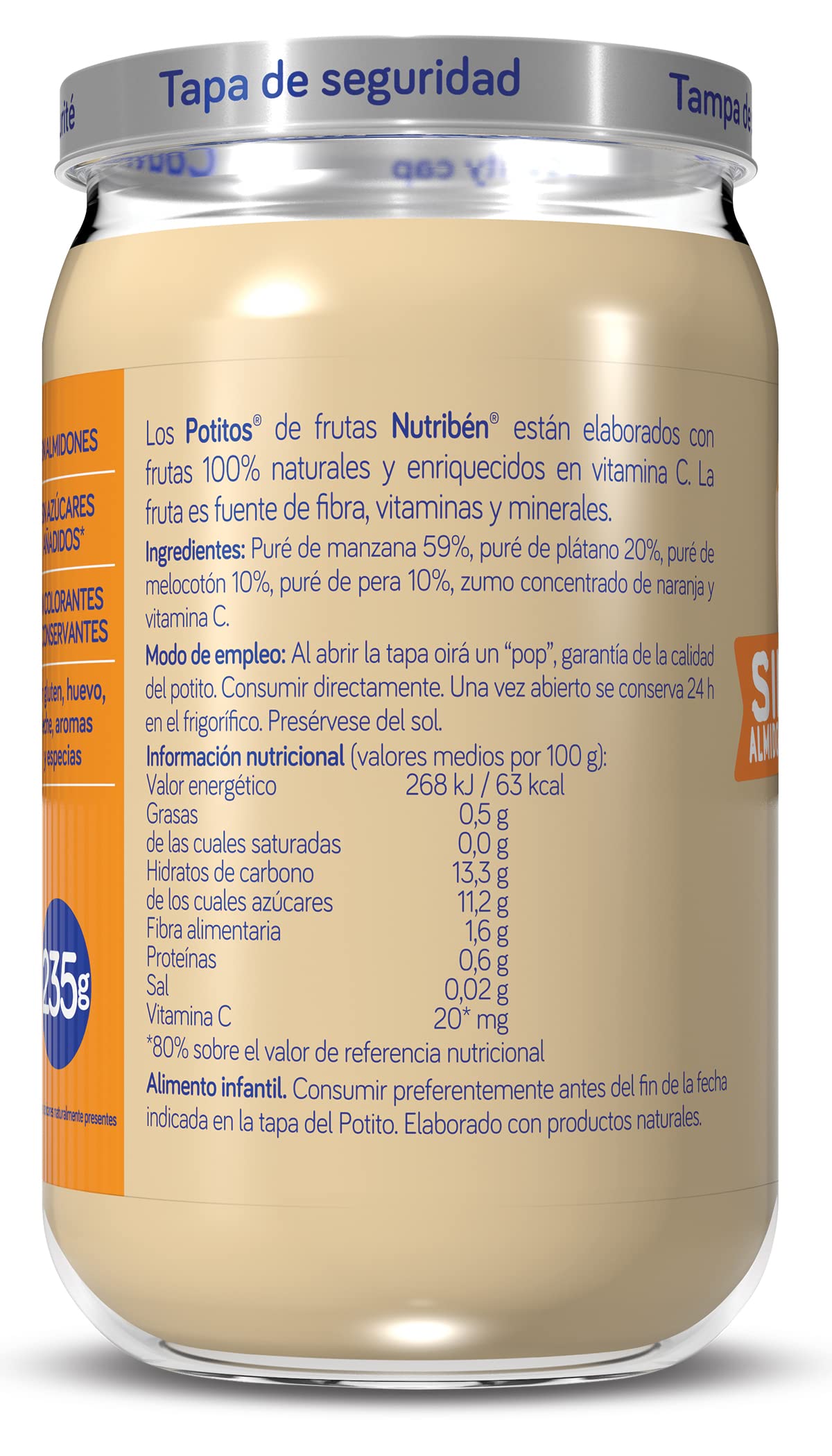 Nutribén Potitos Tarrito 4 Frutas Melocotón Pera Plátano Manzana Sin Azúcares Añadidos Sin Gluten 235g