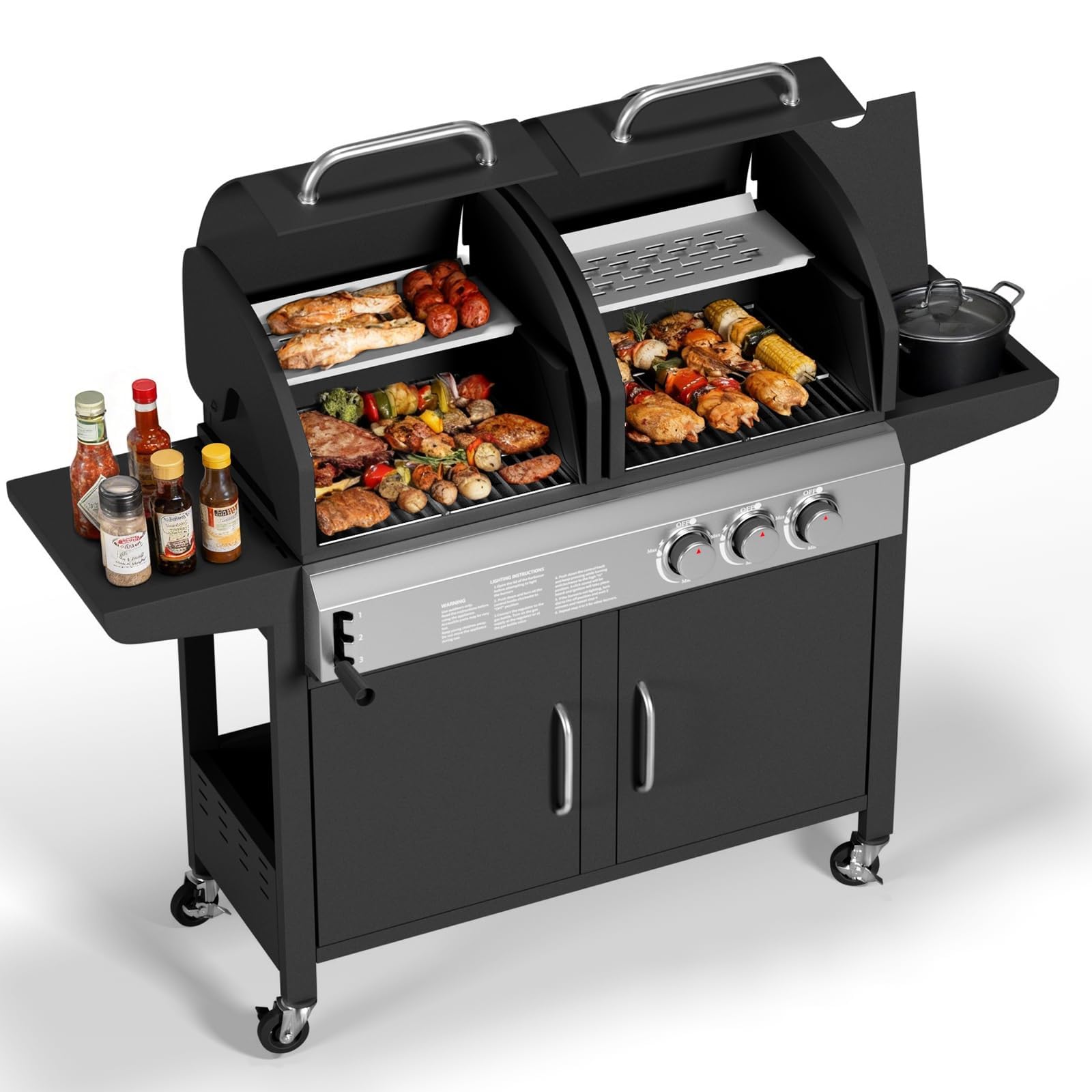 GarveeHome Plancha Gasgrill & Holzkohlegrill Kombi mit Seitenbrenner, 24.000 BTU Dual Fuel BBQ, emaillierter Gusseisenrost, Kochfläche, Gasgrill klein für Balkon, Terrasse, Camping