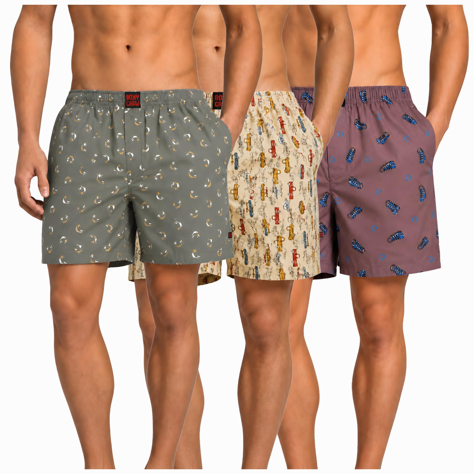 Men's 100% Cotton Boxer Shorts Pack of 3, Green, Beige & Mauve | Woven Boxers with Side Pockets, No-Marks Elastic Waistband, Breathable Relaxed Fit | Style 008-013-015-image-40