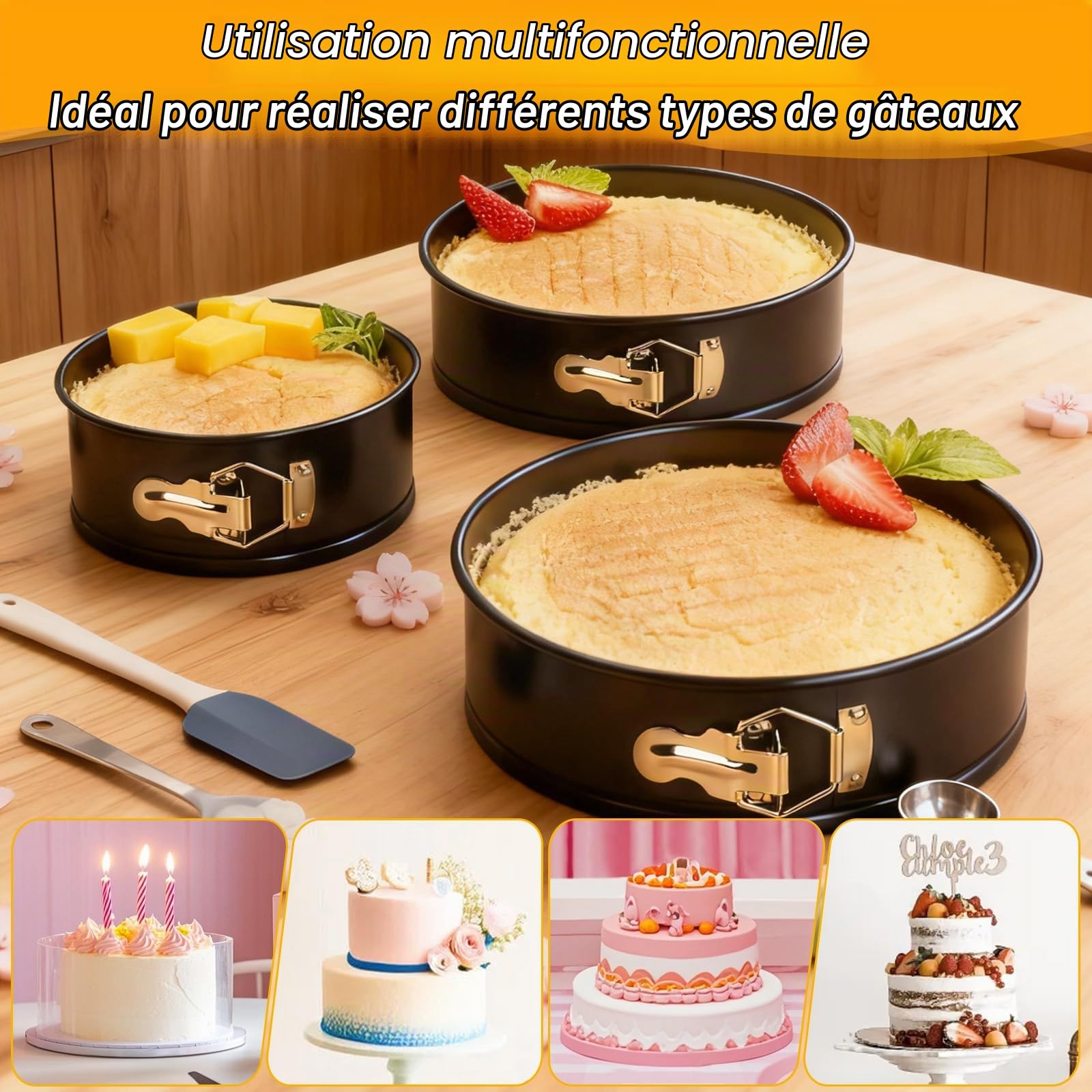 3 Pièces Moules Gâteau Rondes, Moule Charnière avec Fond Amovible, Ensemble Cuisson Gâteaux Antiadhésif, Moule Acier Carbone pour Gateau Fromage, Pâtisserie, Pizzas, Quiches (20cm/22cm/24cm)