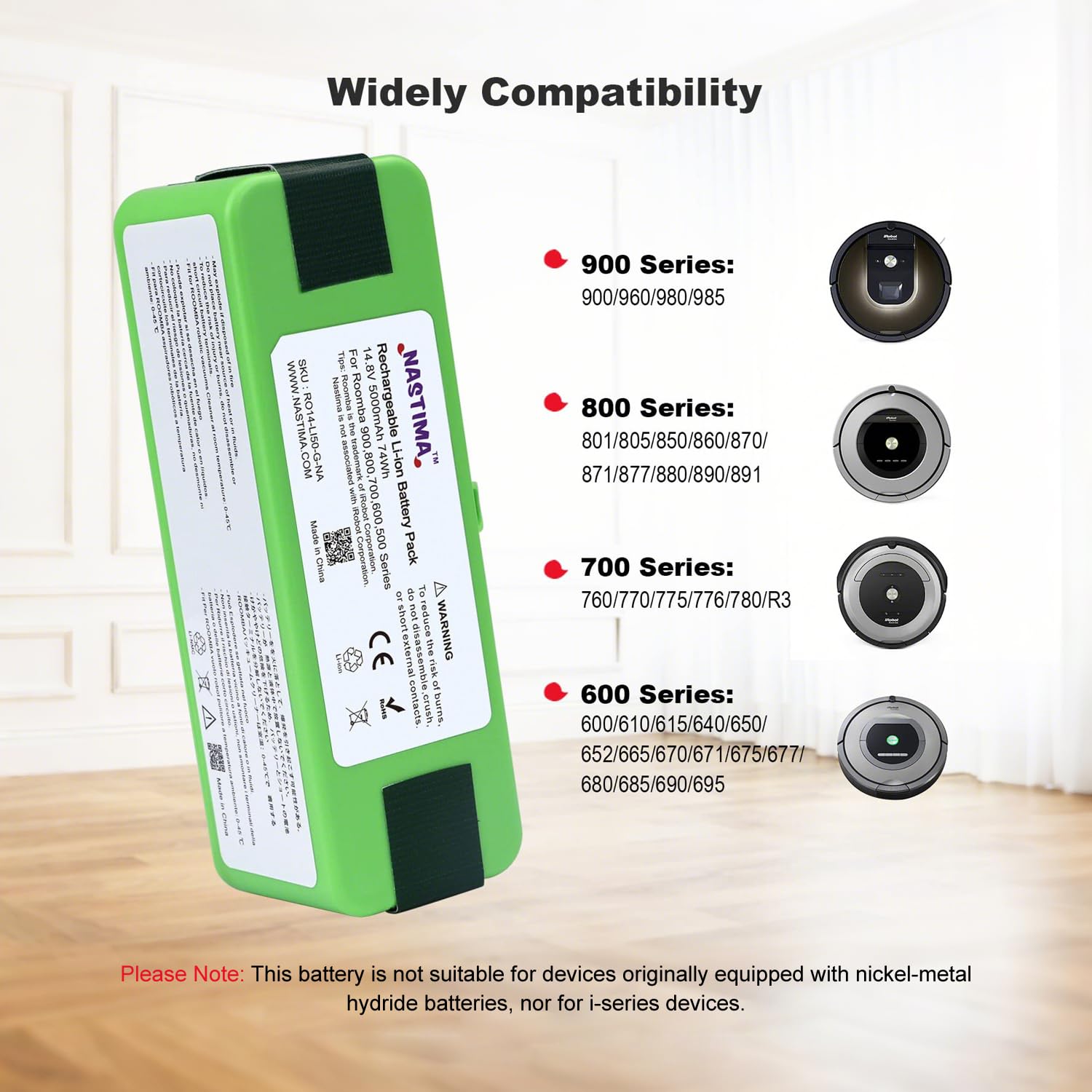 NASTIMA Upgrade 14,8V 5000mAh Li-Ion Akku Kompatibel mit Roomba 985 960 895 890 880 870 860 790 780 770 760 695 690 680 675 650 640 620 614