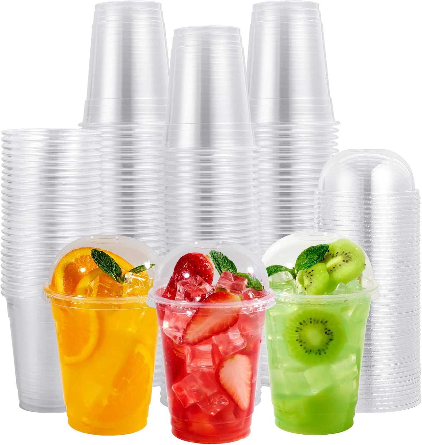 FOCUSLINE 200 PACK 12oz Clear Plastic Cups, Disposable Cold Drinking Cups, 12 Ounce Clear Cups with Dome Lids with Holes for Smoothie, Milkshake, Bubble Tea, Parfait 12oz Plastic Cups with Dome Lid