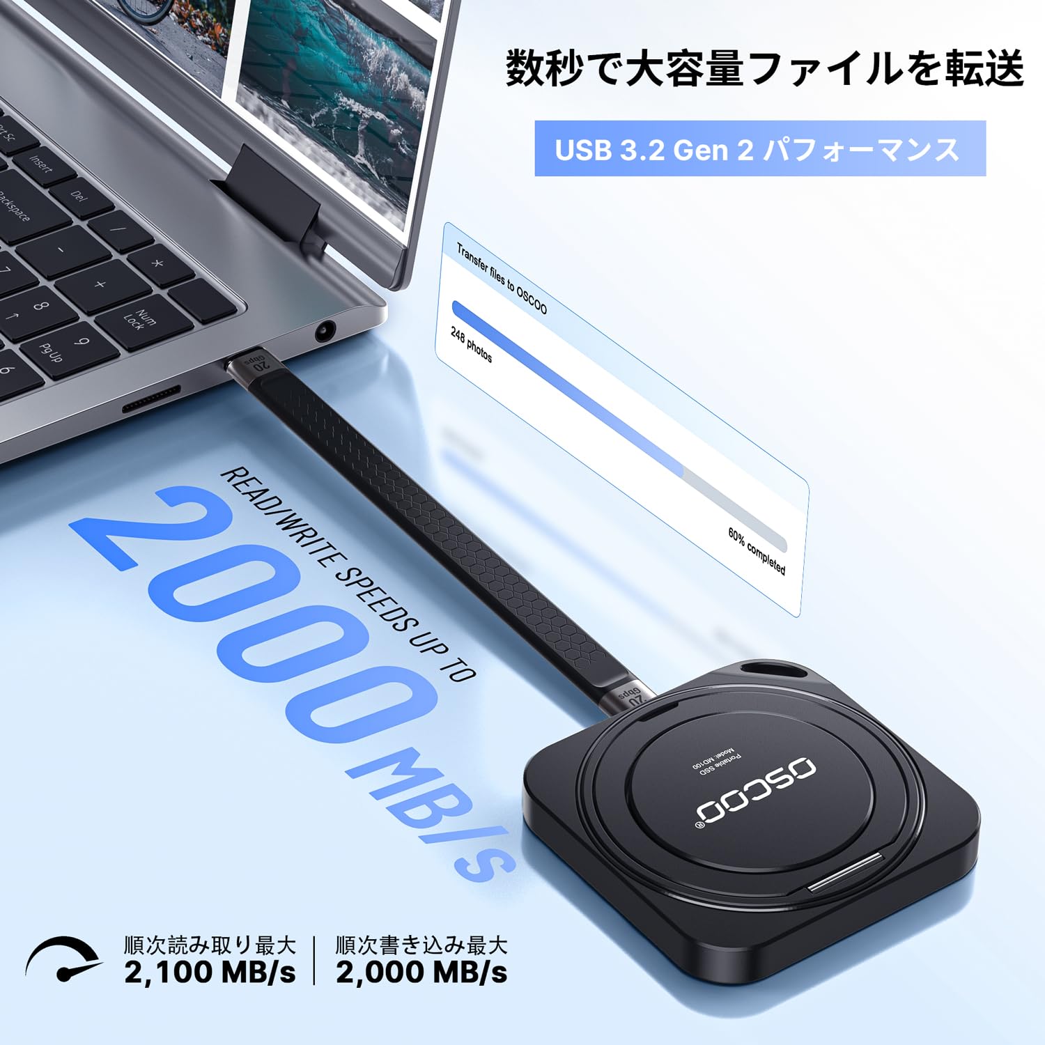Amazon | OSCOO 1TB マグネット式外付けSSD、USB 3.2 Gen2、最大2000MB