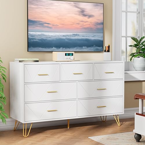 Miniatura 3 de JOZZBY Cómoda para dormitorio, cómoda de 7 cajones, cómoda blanca con asas doradas, cómodas modernas y cómodas, cómoda para niños, para dormitorio,