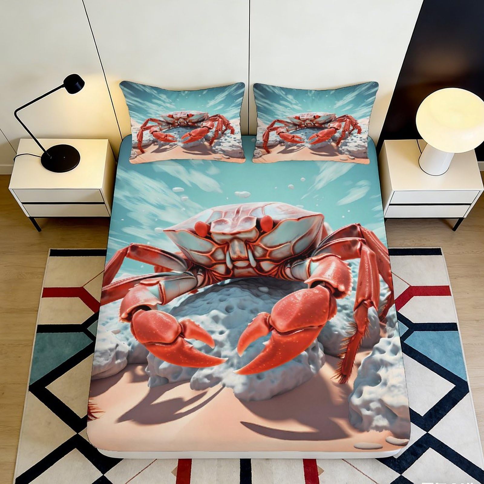 Decorative crab motif 3D Printed Fitted Sheet for main bedroom, Microfiber soft touch, easy care, apartment bedding 90x200x25cm