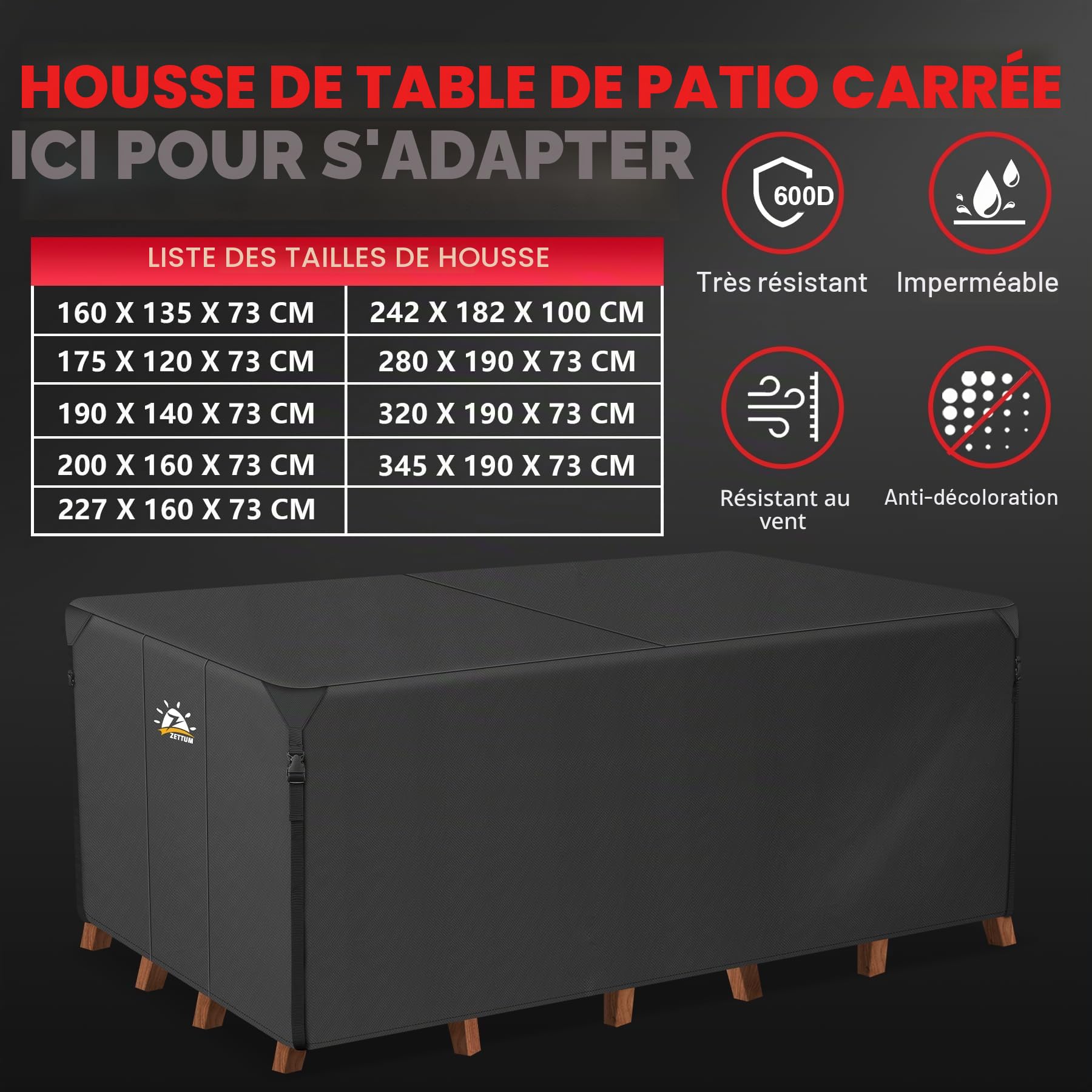 Zettum Housses pour Salons de Jardin 280 x 190 x 73 CM, Housse de Table Jardin Rectangulaire Imperméable Anti-UV 600D Tissu Oxford Bache Table Exterieur