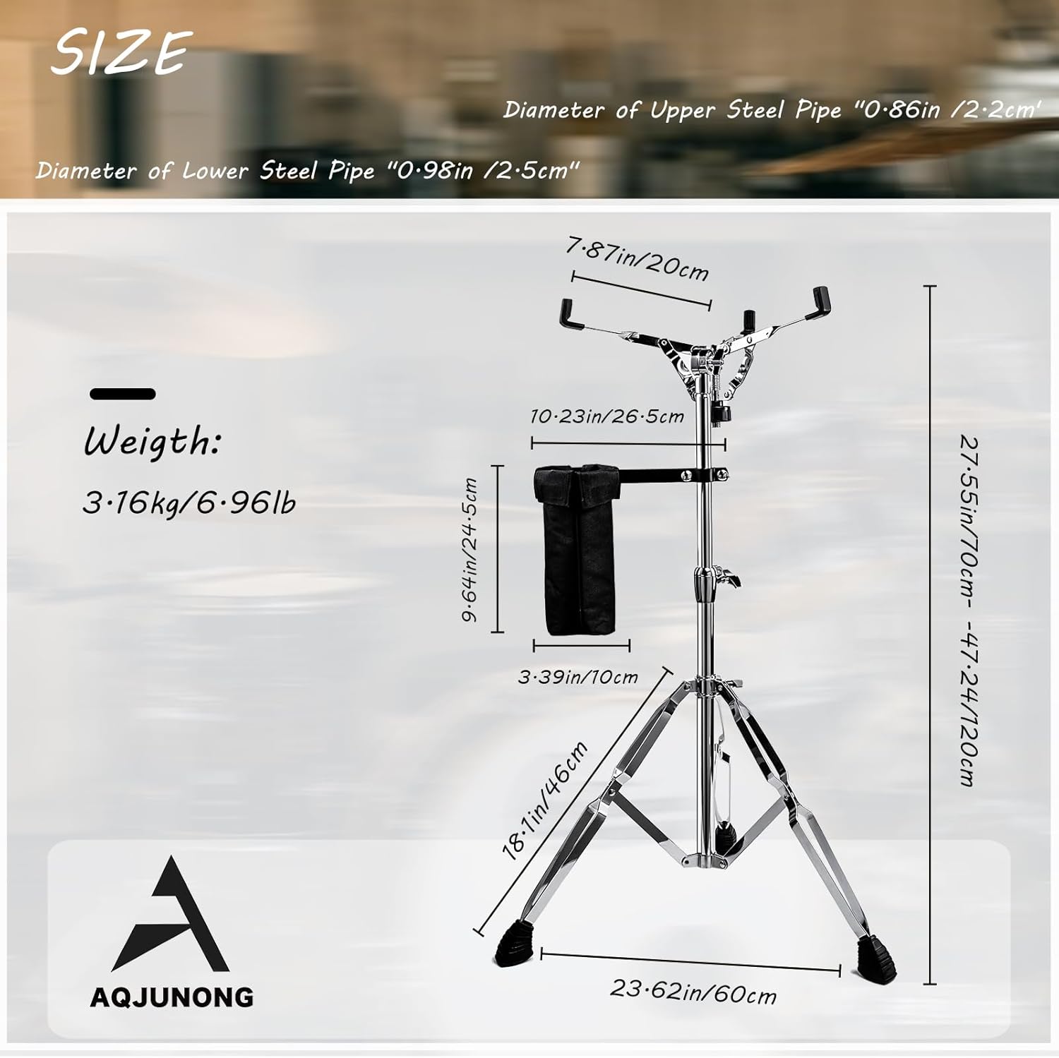 Snare Drum Stand，Snare Stand with Drum Sticks Holder for 10-15 Inches Snare Drum and Practice Pad, Double Braced Adjustable Extended Height 29.5" to 47" (AQ-SDS-E02)